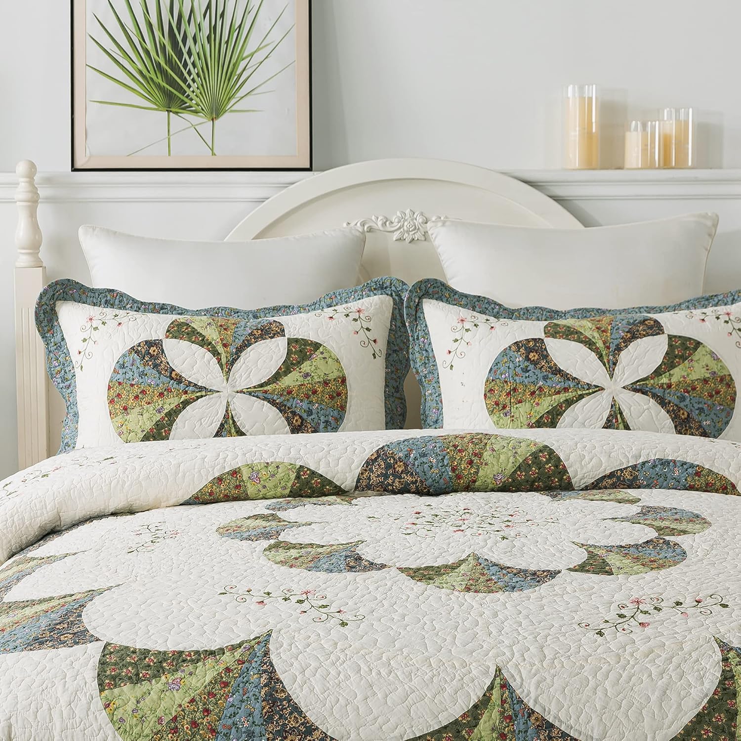 Set of 2 Hand Stitch Finished Cotton Pillow Shams - Luxuries Floral Pattern - Shabby Chic Country Cabin Bedding for All Seasons Ivory and Green for All Seasons for Home Bedroom, Guestroom, RV, Camper, Cabin, and College Dorms