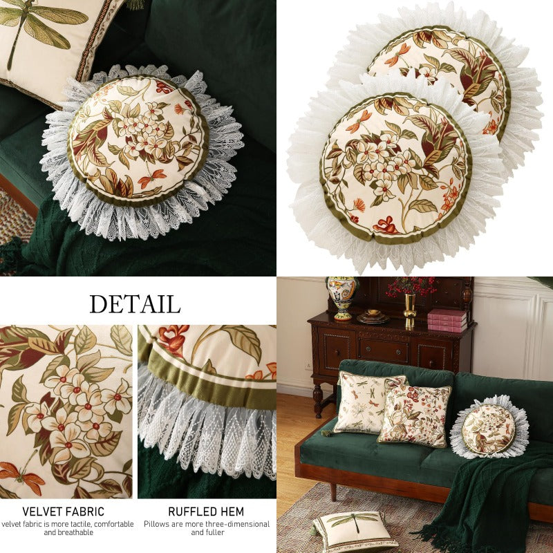 Design Round Vintage Cottage Throw Pillow Covers Diameter 16" Set of 2 Green Soft Velvet Cushion Cover with White Wild Floral Pattern Decor Pillowcases for Bed Living Room Outdoor Car