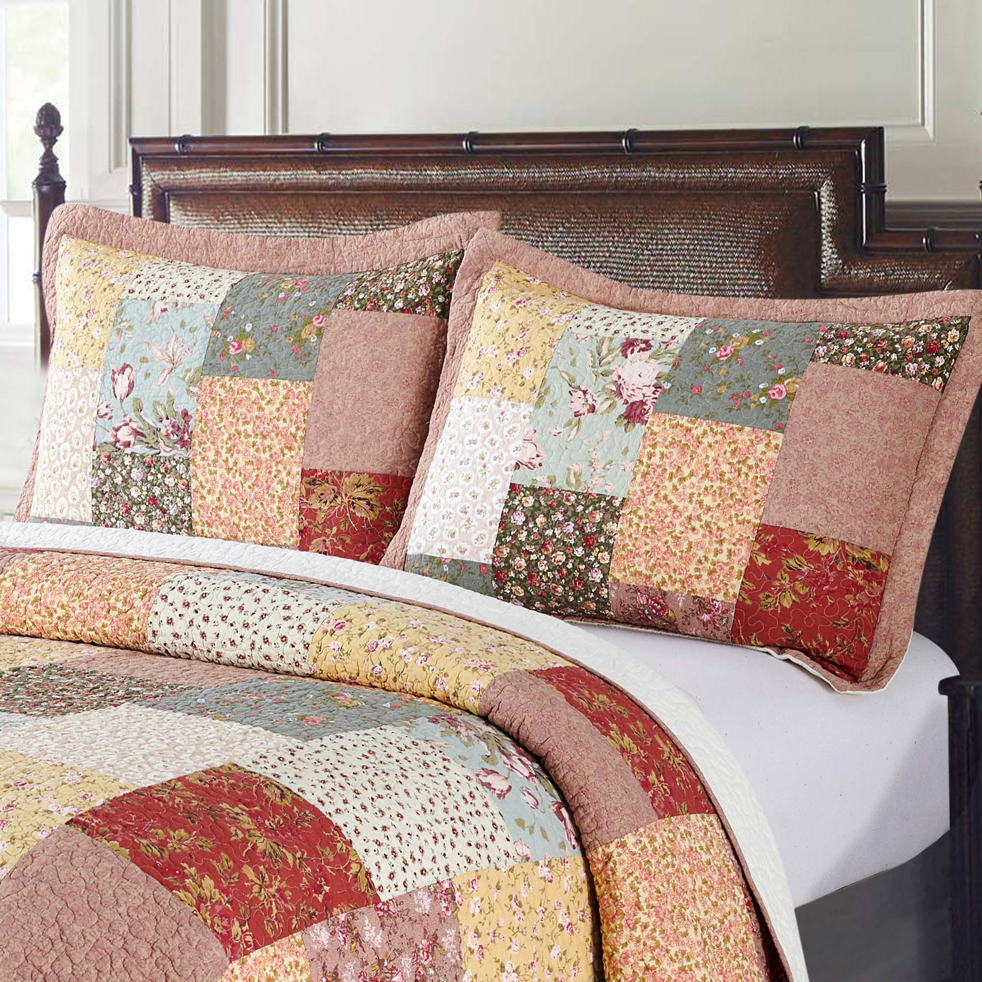 2pcs Red Hand Stitch Finished Cotton Pillow Sham Set - Luxuries Floral Pattern - All Season Shabby Chic Country Bedding for Home, Cabin, RV, Guestroom and Bedroom
