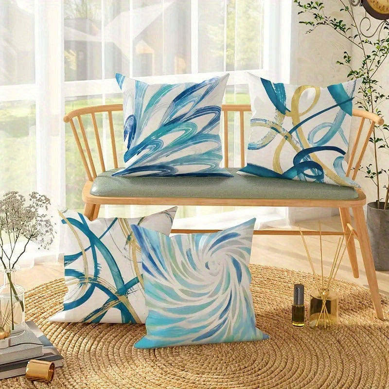 4pcs Abstract Art Pillow Covers - Double-Sided Printed Soft Plush Decorative Pillowcases with Geometric Patterns, Blue & Golden Retro Design, Zipper Closure, Machine Washable, Multiple Sizes for Living Room, Bedroom, Sofa, Decorative Pillow Covers,