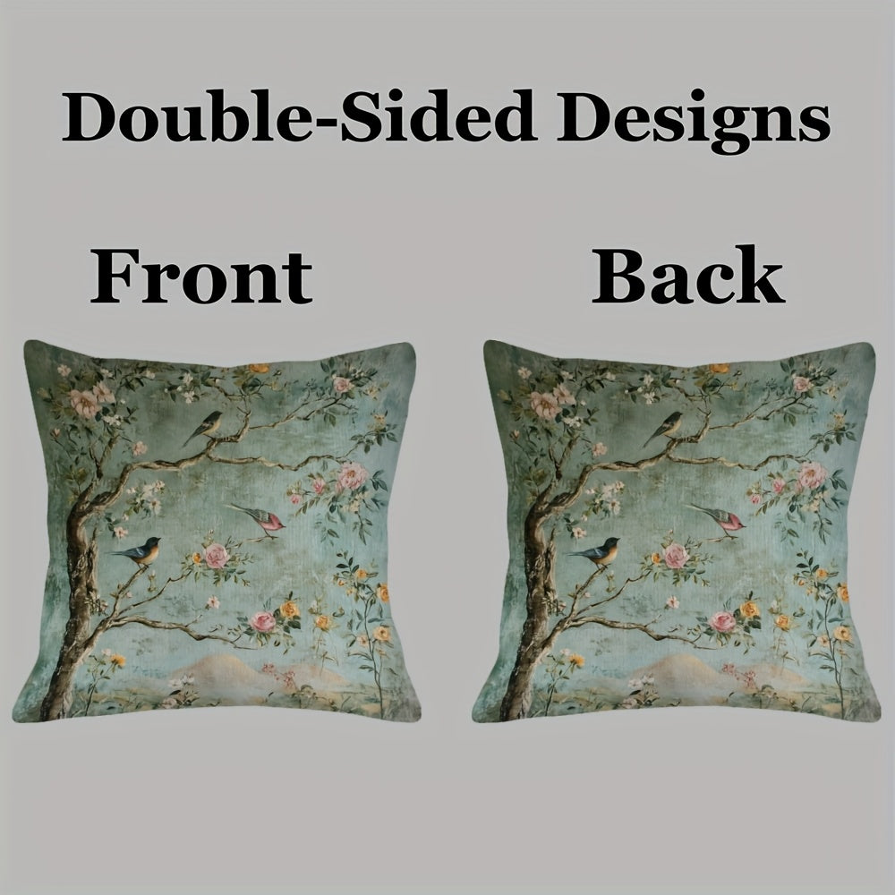1 Double-Sided Vintage Chinese Floral and Bird Print Pillowcase, 18x18 Inches, Soft Plush Polyester, Night Garden Design with Roses on Branches and Birds, Suitable for Sofa, Couch, Bedroom or Car, Decorative Cushion Cover 2pcs 18*18 Inch