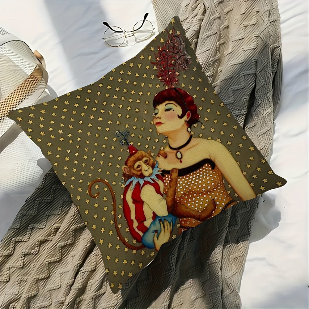 1pc Retro Style Abstract Animal Print Plush Pillowcase, Double-Sided Design, Hand Wash Only, Zipper Closure, Polyester Fiber, Bedroom, Sofa, Living Room, Car Decorative Cushion Cover- 18x18 Inches(No Insert), Decorative Pillow, Elegant Woman & Monkey
