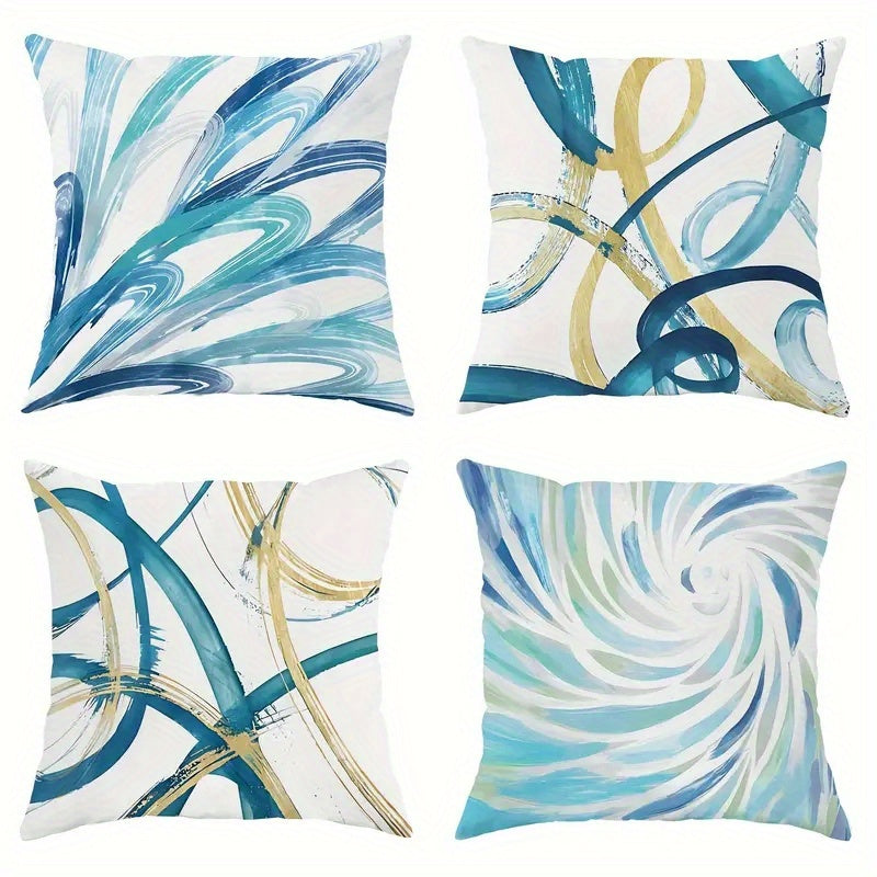 4pcs Abstract Art Pillow Covers - Double-Sided Printed Soft Plush Decorative Pillowcases with Geometric Patterns, Blue & Golden Retro Design, Zipper Closure, Machine Washable, Multiple Sizes for Living Room, Bedroom, Sofa, Decorative Pillow Covers,