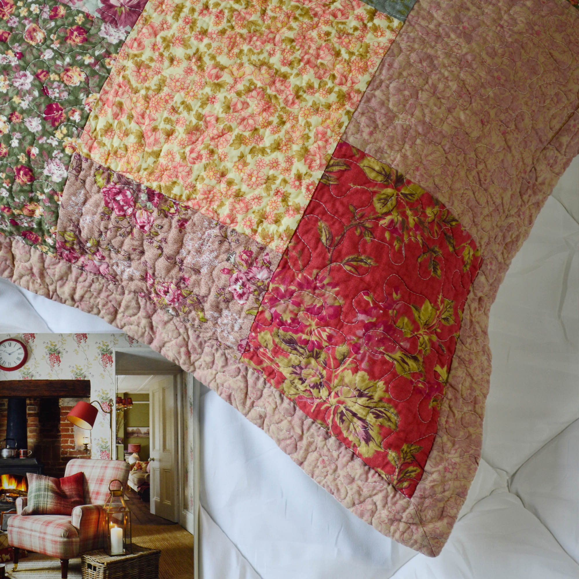 2pcs Red Hand Stitch Finished Cotton Pillow Sham Set - Luxuries Floral Pattern - All Season Shabby Chic Country Bedding for Home, Cabin, RV, Guestroom and Bedroom