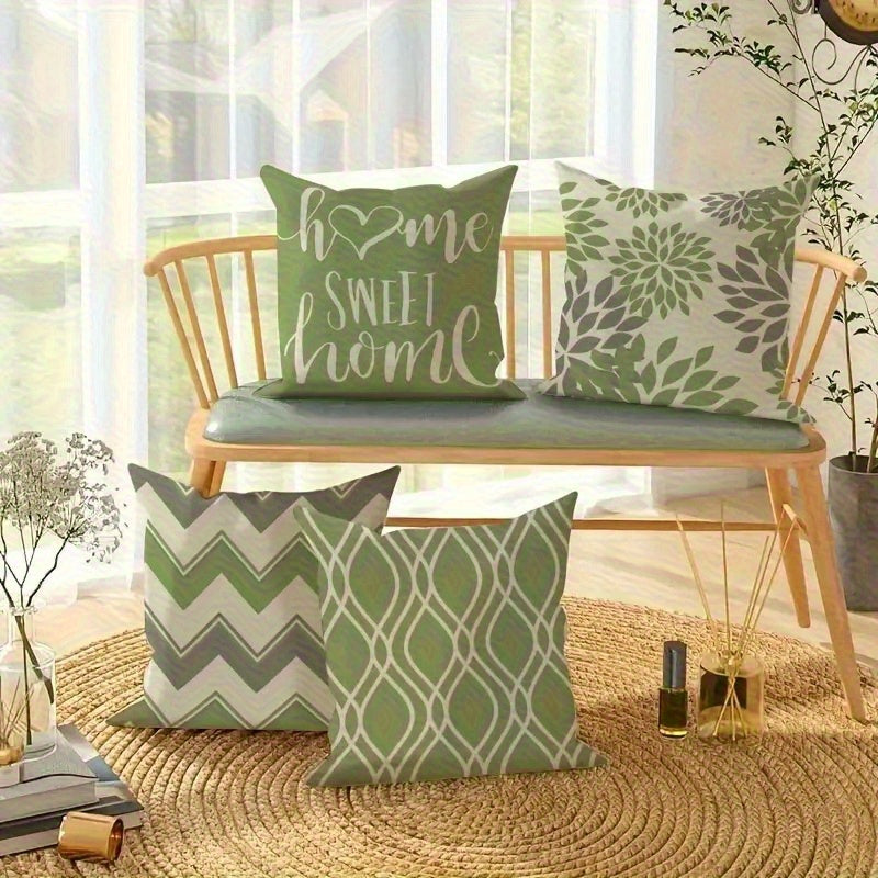4pcs Retro Geometric & Floral Pillow Covers - Green & White Double-Sided Print, Soft Short Plush with Zipper Closure, Machine Washable, Multiple Sizes for Living Room, Bedroom, Sofa Decor, Bedroom Styling, Vintage Aesthetic, Durable Fabric, Accent