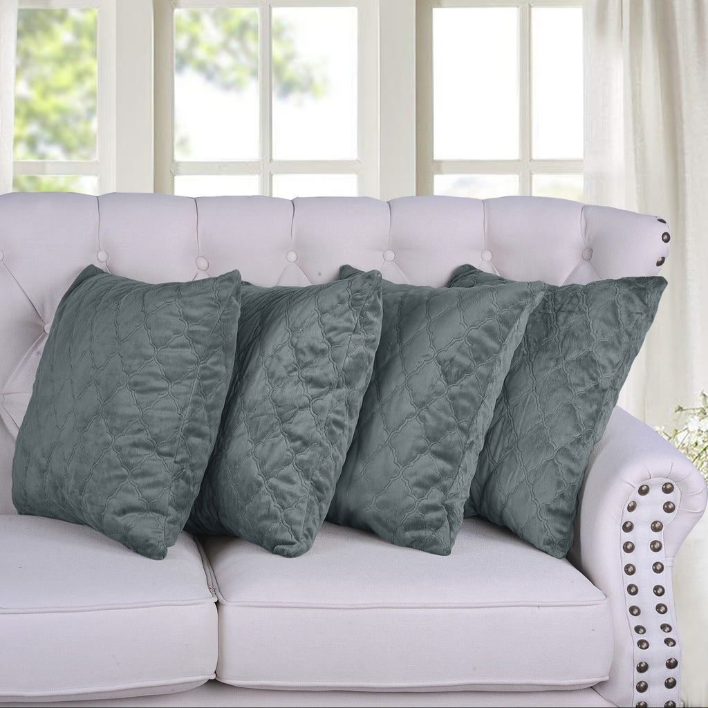 4pcs Quilted Micromink Plush Fuzzy Soft Decorative Pillow Covers Set with Double Sided (NO INSERT), Stylish Cushion Cover for Sofa Couch Chair Living Room Bedroom Decor