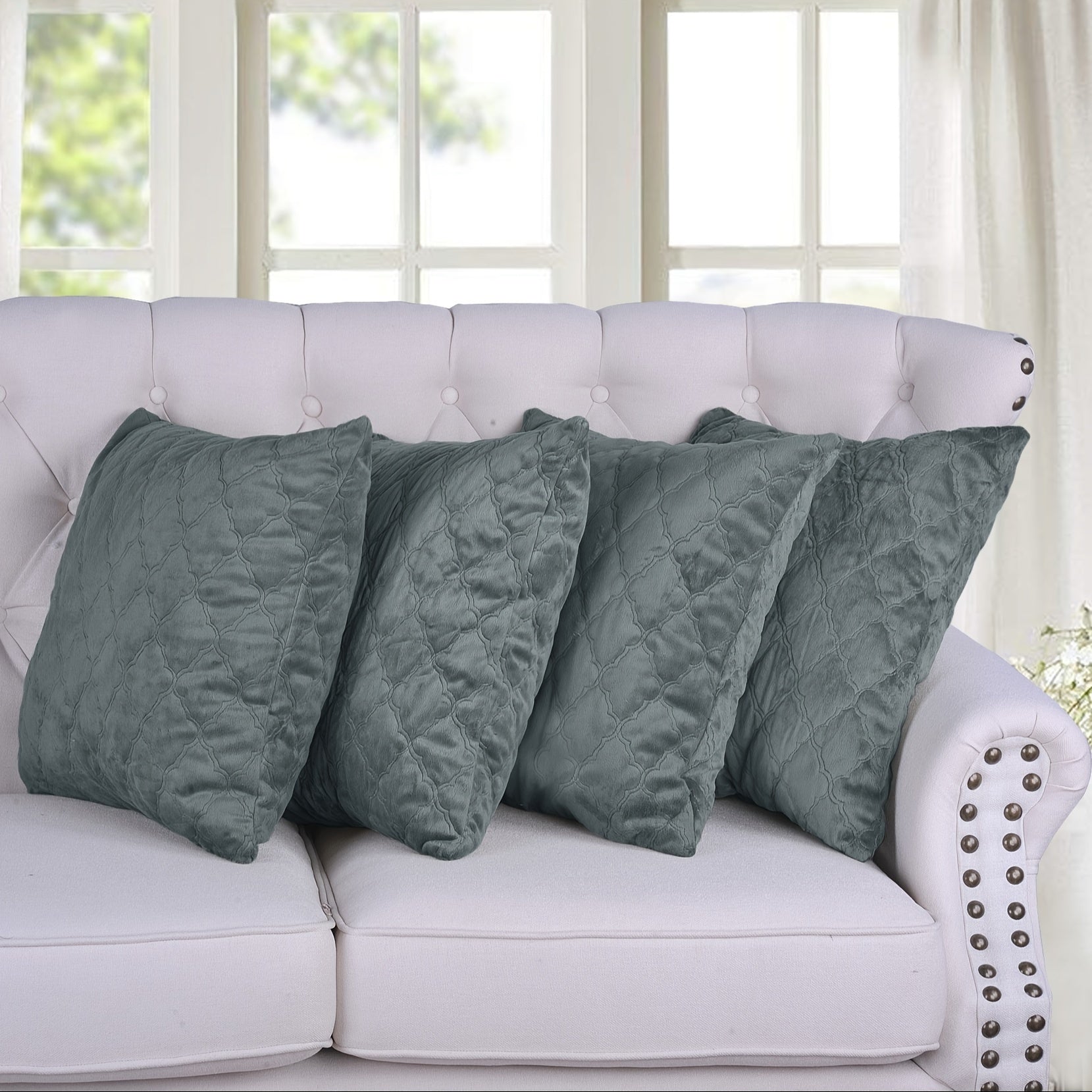 4pcs Quilted Micromink Plush Fuzzy Soft Decorative Pillow Covers Set with Double Sided (NO INSERT), Stylish Cushion Cover for Sofa Couch Chair Living Room Bedroom Decor