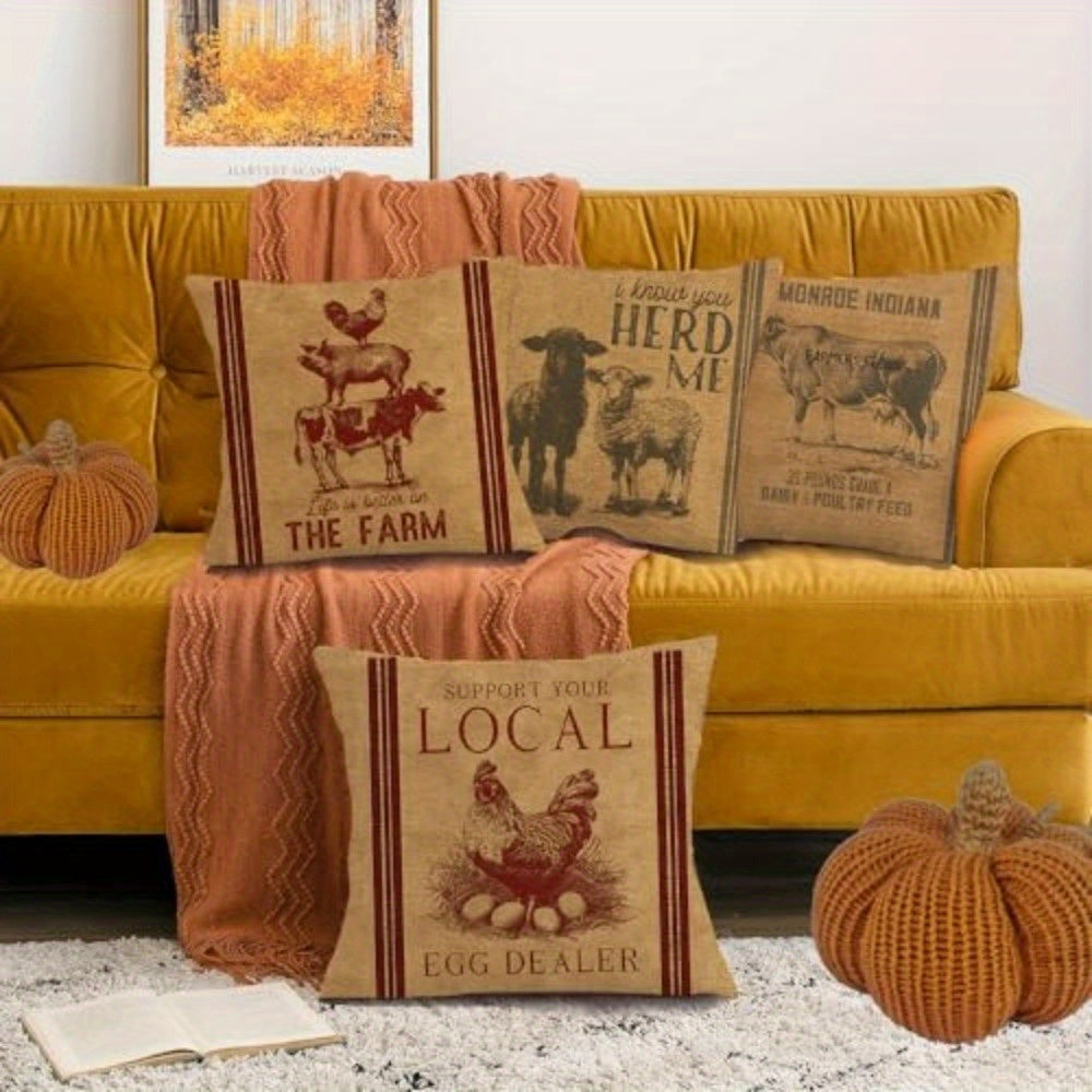 4 packs of old-fashioned farm animal pillowcase design printed pattern zipper pillowcase-double-sided polyester printed pattern zipper closed home decoration living room, bedroom and sofa home decoration (not included in the pillow)