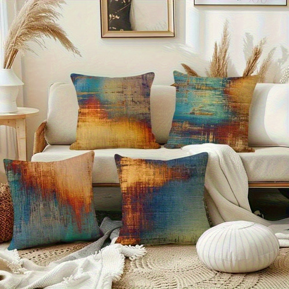 4pcs Vintage Gradient Geometric Print Pillow Covers - Double-Sided Soft Plush Decorative Pillowcases with Zipper Closure, Machine Washable, Multiple Sizes for Living Room, Bedroom, Sofa, Bedroom Accessories, Retro Aesthetic Decor, Durable Fabric Cover, 2D