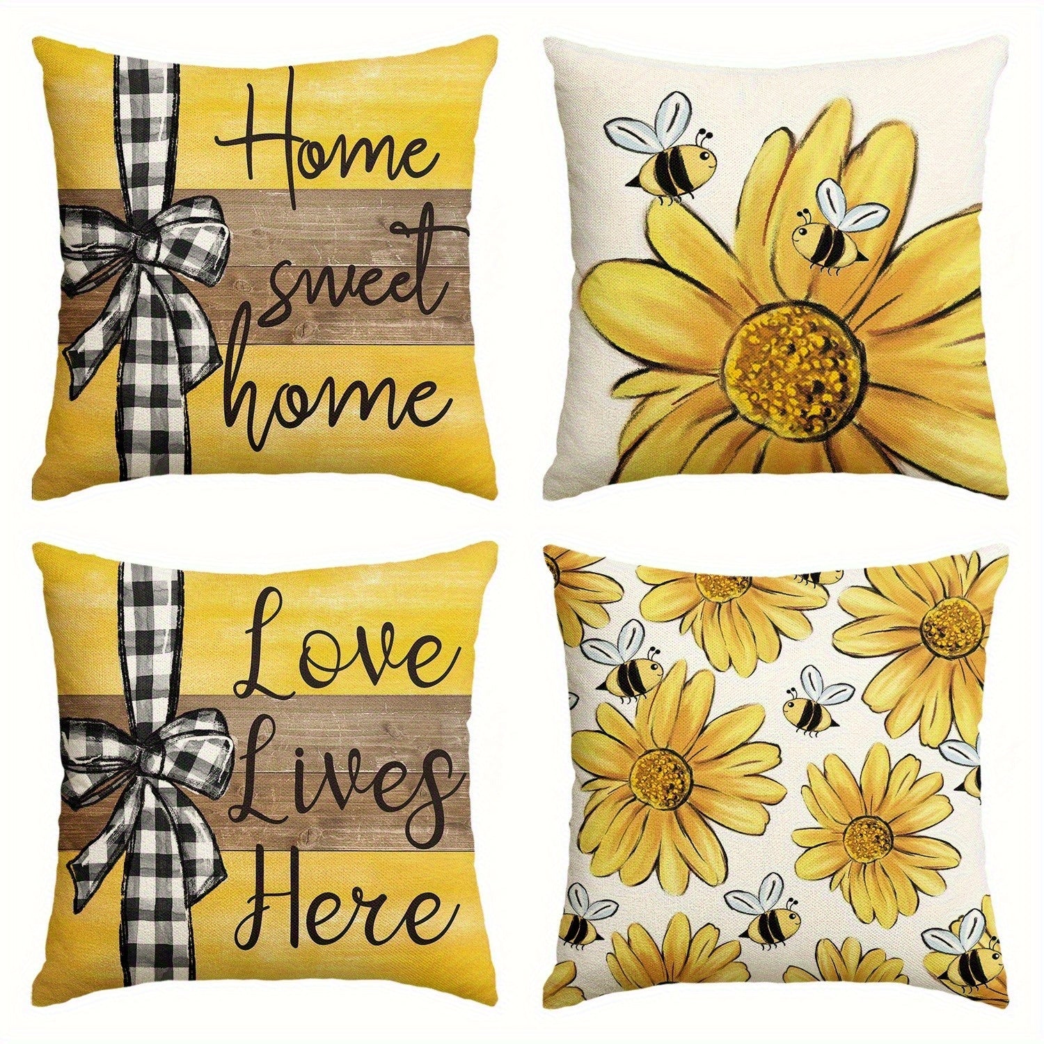 4pcs Vintage Floral & Bee Print Pillow Covers - Double-Sided Sunflower & Bee Design with "Home Sweet Home" Text, Soft Plush Zipper Closure Cushion Cases, Machine Washable for Living Room, Bedroom, Sofa (Multiple Sizes), Decorative Pillow Covers, Bedroom