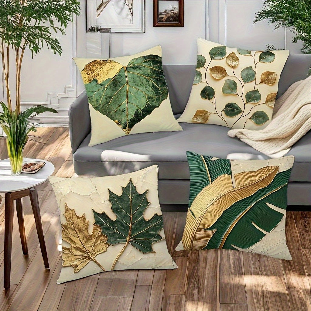 4pcs Vintage Botanical Leaf Print Pillow Covers - Double-Sided 2D Flat Printed Soft Plush Decorative Pillowcases with Zipper Closure, Multiple Sizes for Living Room, Bedroom, Sofa - Machine Washable Home Decor, Pillow Covers for Living Room, Bedroom