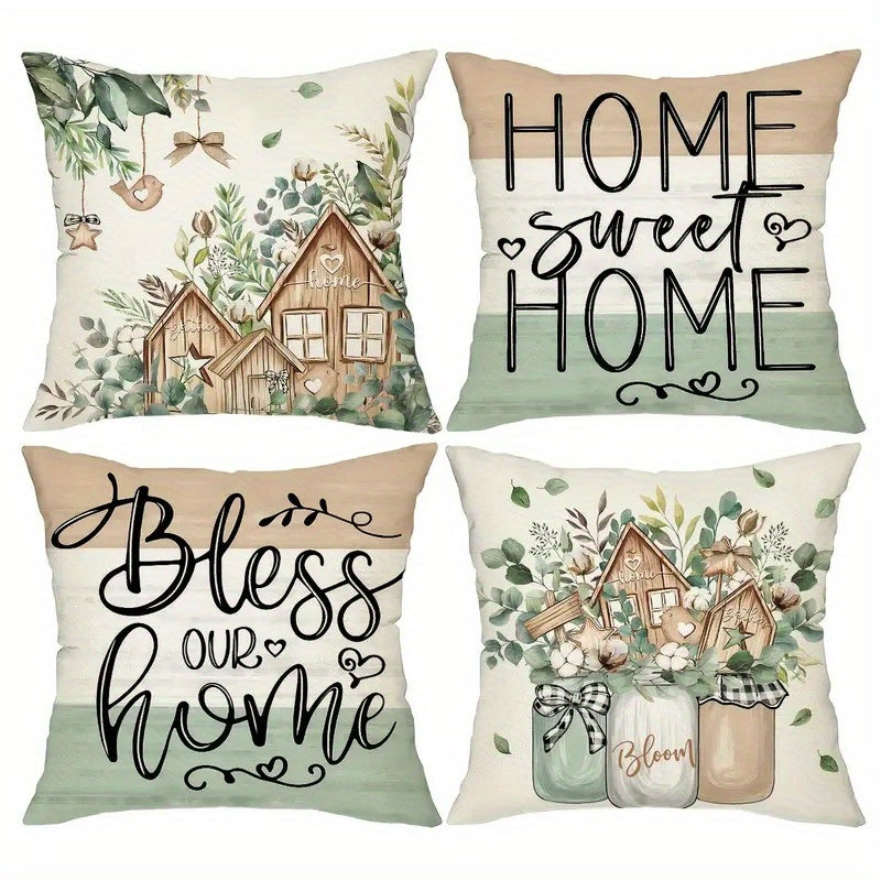 4pcs Double-Sided Printed Rustic Farmhouse Pillow Covers - Soft Plush with Zipper Closure, Machine Washable, Multiple Sizes for Living Room, Bedroom, Sofa - Home Sweet Home & Bless Our Home Decor, Pillow Covers for Living Room, Bedroom Accents, Vintage
