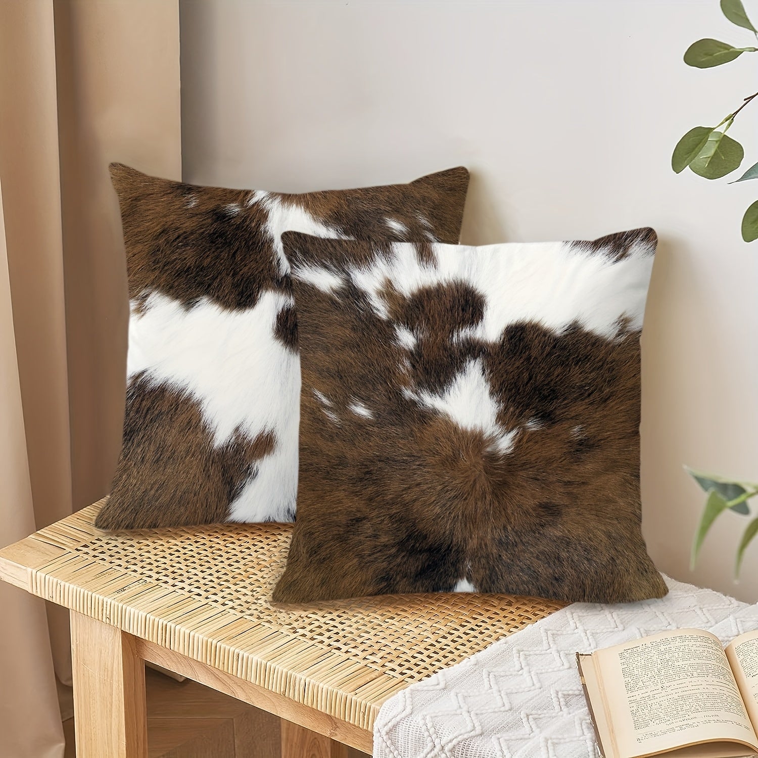Set Of 4, Vintage Short Plush Double-sided Printed Animal Fur Throw Pillow Covers, Brown Faux Cowhide Printed Decor Cushion Covers, Farmhouse Style Pillowcases, 18x18 Inch, For Porch, Patio, Sofa, Living Room, Bedroom, Outdoor, Without Pillow Inserts