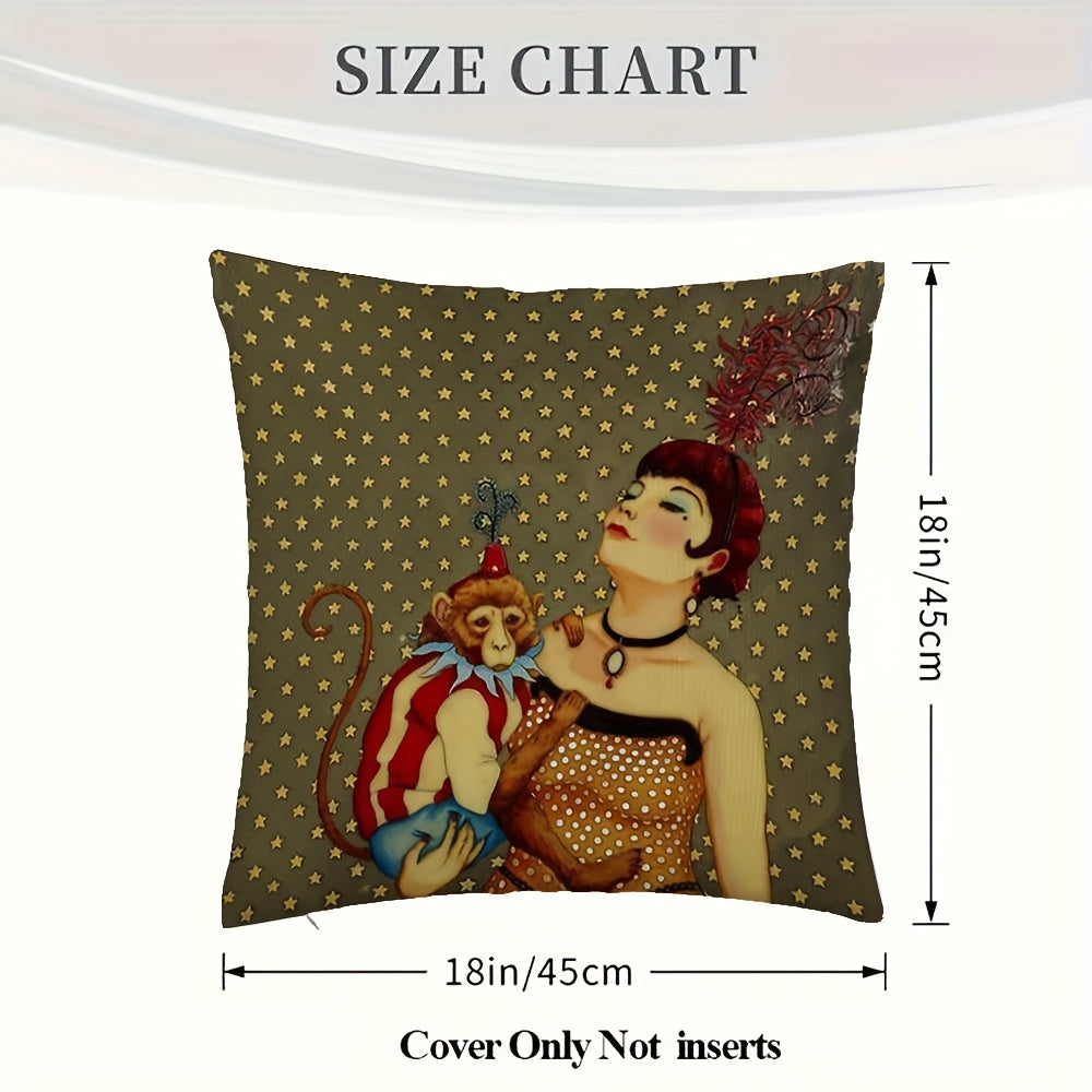 1pc Retro Style Abstract Animal Print Plush Pillowcase, Double-Sided Design, Hand Wash Only, Zipper Closure, Polyester Fiber, Bedroom, Sofa, Living Room, Car Decorative Cushion Cover- 18x18 Inches(No Insert), Decorative Pillow, Elegant Woman & Monkey