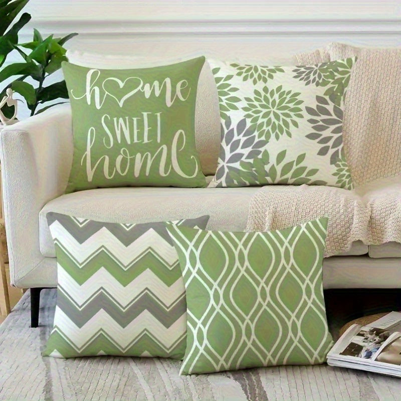 4pcs Retro Geometric & Floral Pillow Covers - Green & White Double-Sided Print, Soft Short Plush with Zipper Closure, Machine Washable, Multiple Sizes for Living Room, Bedroom, Sofa Decor, Bedroom Styling, Vintage Aesthetic, Durable Fabric, Accent