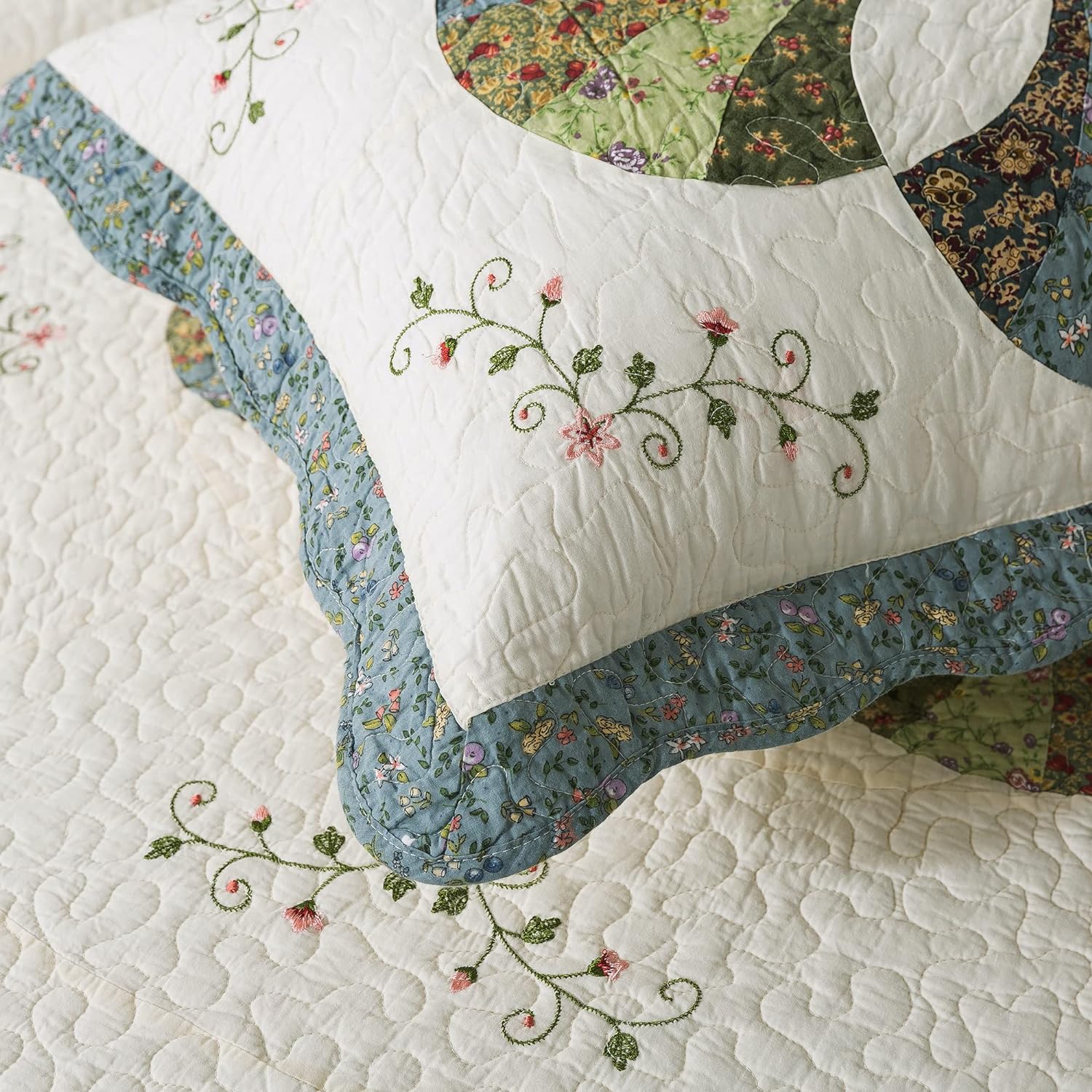 Set of 2 Hand Stitch Finished Cotton Pillow Shams - Luxuries Floral Pattern - Shabby Chic Country Cabin Bedding for All Seasons Ivory and Green for All Seasons for Home Bedroom, Guestroom, RV, Camper, Cabin, and College Dorms