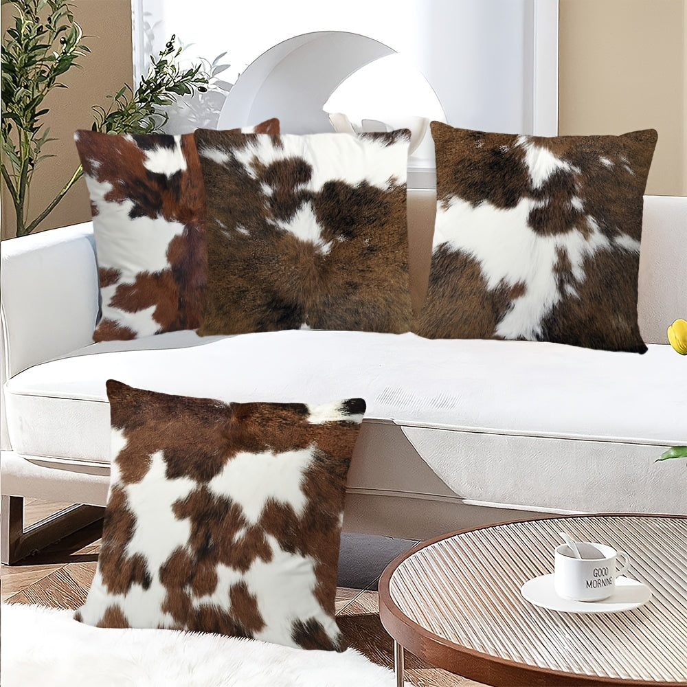 Set Of 4, Vintage Short Plush Double-sided Printed Animal Fur Throw Pillow Covers, Brown Faux Cowhide Printed Decor Cushion Covers, Farmhouse Style Pillowcases, 18x18 Inch, For Porch, Patio, Sofa, Living Room, Bedroom, Outdoor, Without Pillow Inserts