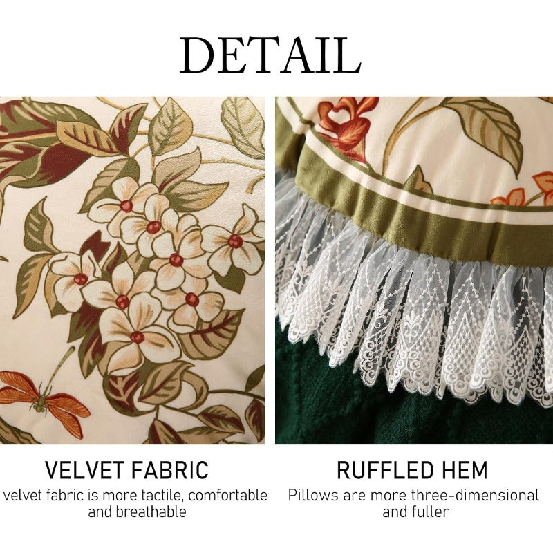 Design Round Vintage Cottage Throw Pillow Covers Diameter 16" Set of 2 Green Soft Velvet Cushion Cover with White Wild Floral Pattern Decor Pillowcases for Bed Living Room Outdoor Car