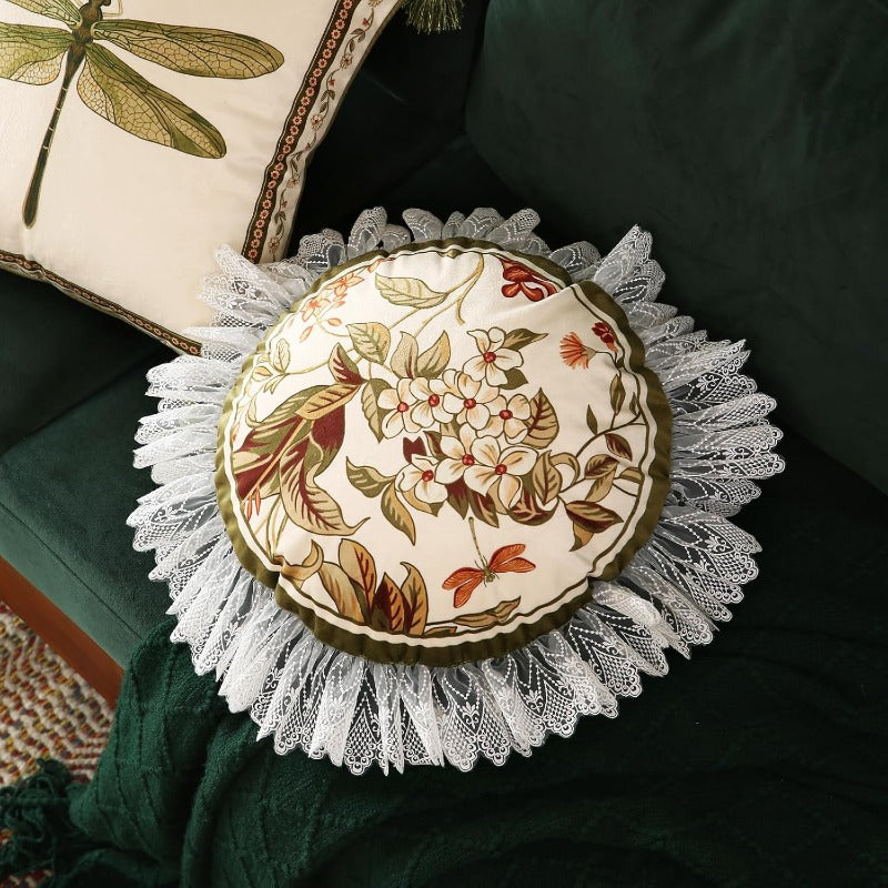 Design Round Vintage Cottage Throw Pillow Covers Diameter 16" Set of 2 Green Soft Velvet Cushion Cover with White Wild Floral Pattern Decor Pillowcases for Bed Living Room Outdoor Car