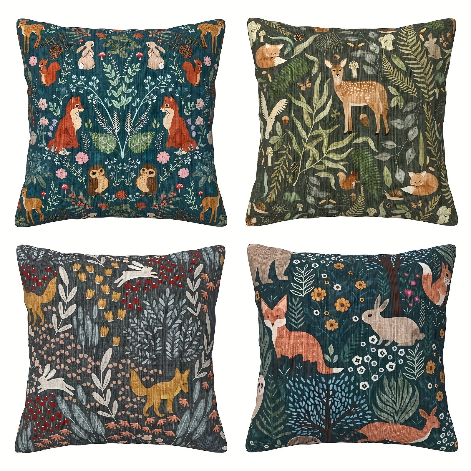 4 Pack Bohemian Vintage Forest Animal Throw Pillow Covers - Double-Sided Printed Polyester Decorative Pillowcases with Zipper Closure, Machine Washable for Outdoor Patio, Wicker Chair, Sofa & Home Office Decor, Outdoor Pillow Covers, Patio Furniture