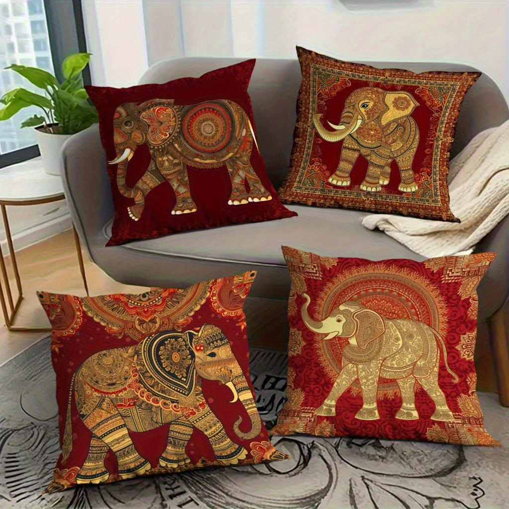 4pcs Indian Floral Elephant Pattern Pillowcase Soft Fashion Decorative Outdoor Living Room Sofa Cushion Cover Suitable for Bedroom Home Party Decoration Without Filling Machine Washable 14x14 16x16 18x18 20x20inch