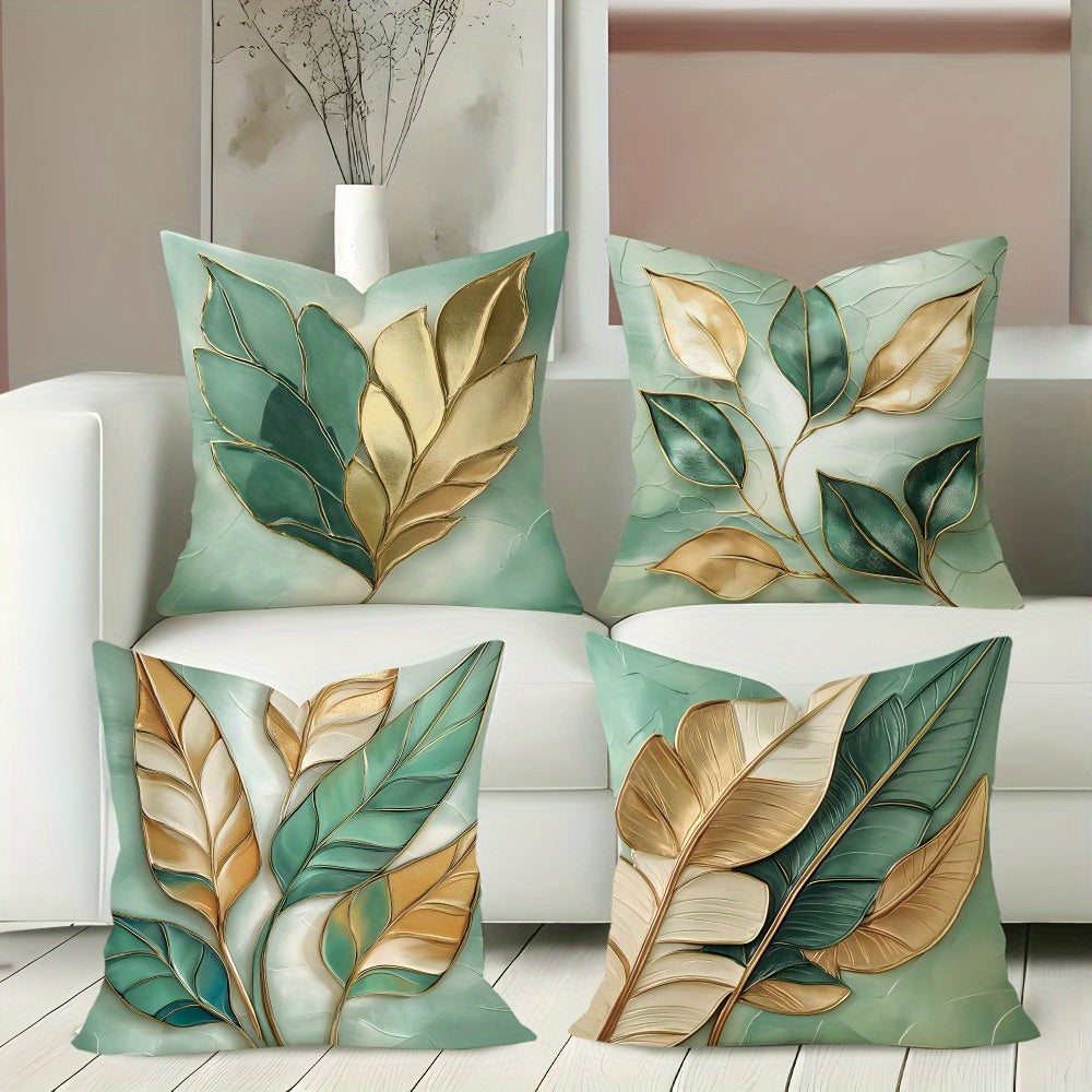 4pcs of modern sage green and Golden leaf pattern design printed zipper pillowcase-double-sided polyester printed pattern zipper closed home decoration living room, bedroom and sofa home decoration (not included in the pillow)
