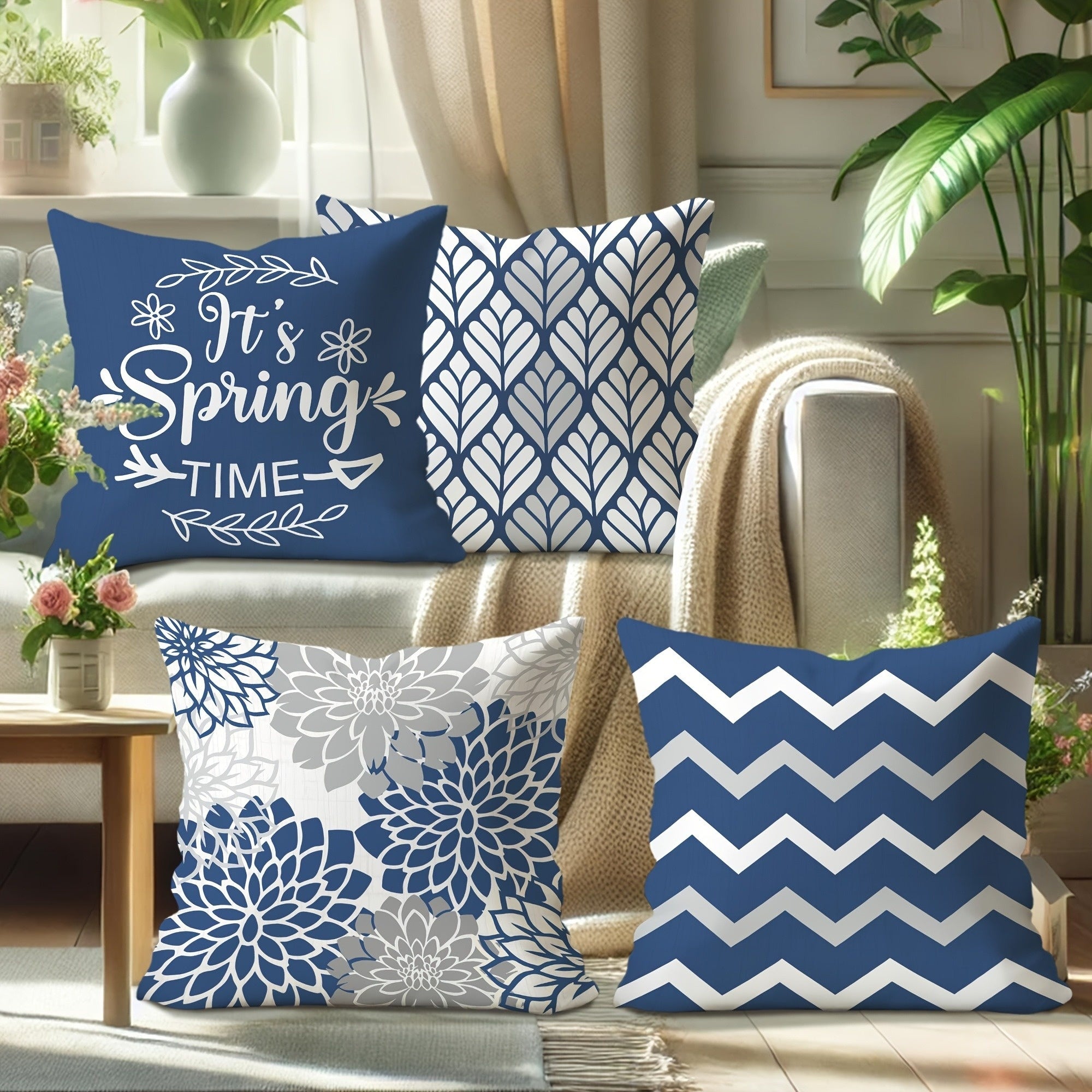 4pcs Double-Sided Printed Geometric Throw Pillow Covers - Soft Plush Retro Spring Decor with Zipper Closure, Machine Washable, Multiple Sizes for Living Room, Bedroom, Sofa, Seasonal Decoration, Chevron Print, Durable Fabric, Home Textiles, Home
