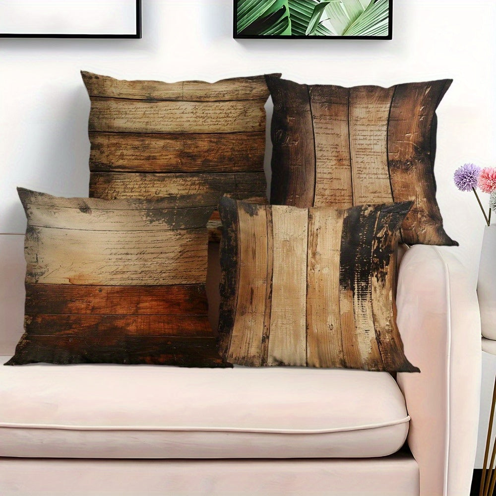 4-Pack Coastal Style Wood Grain Pillow Covers - Double-Sided Rustic Decorative Pillowcases with Zipper Closure, Durable All-Season Machine Washable for Indoor Outdoor Christmas Thanksgiving Bed Sofa Car Decor, Pillow Covers for Living Room, Festive Home