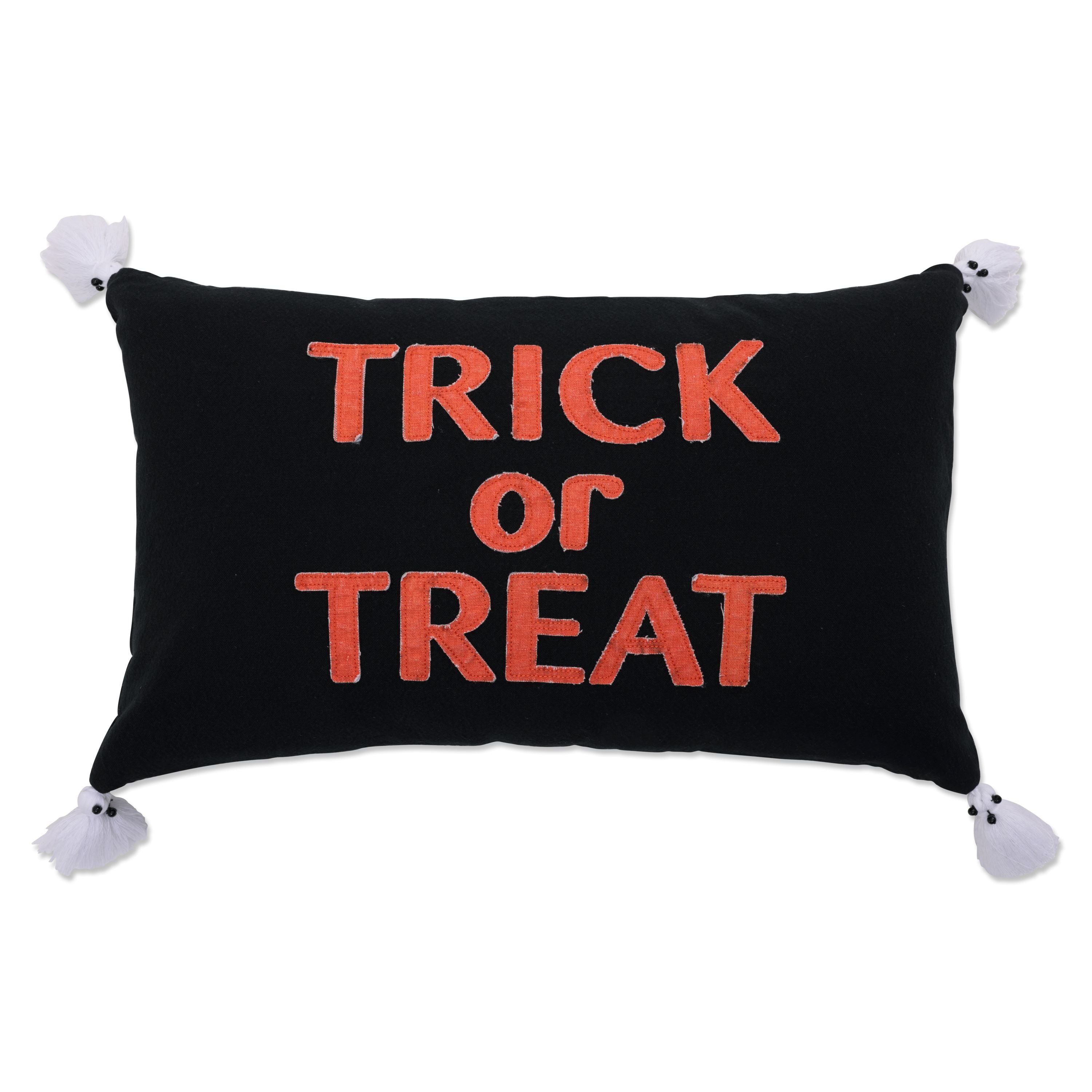 ndoor Decorative Halloween Throw Pillow in Trick or Treat Ghost Black, 12"x20", Complete Pillow with Tassels & Zipper Closure.