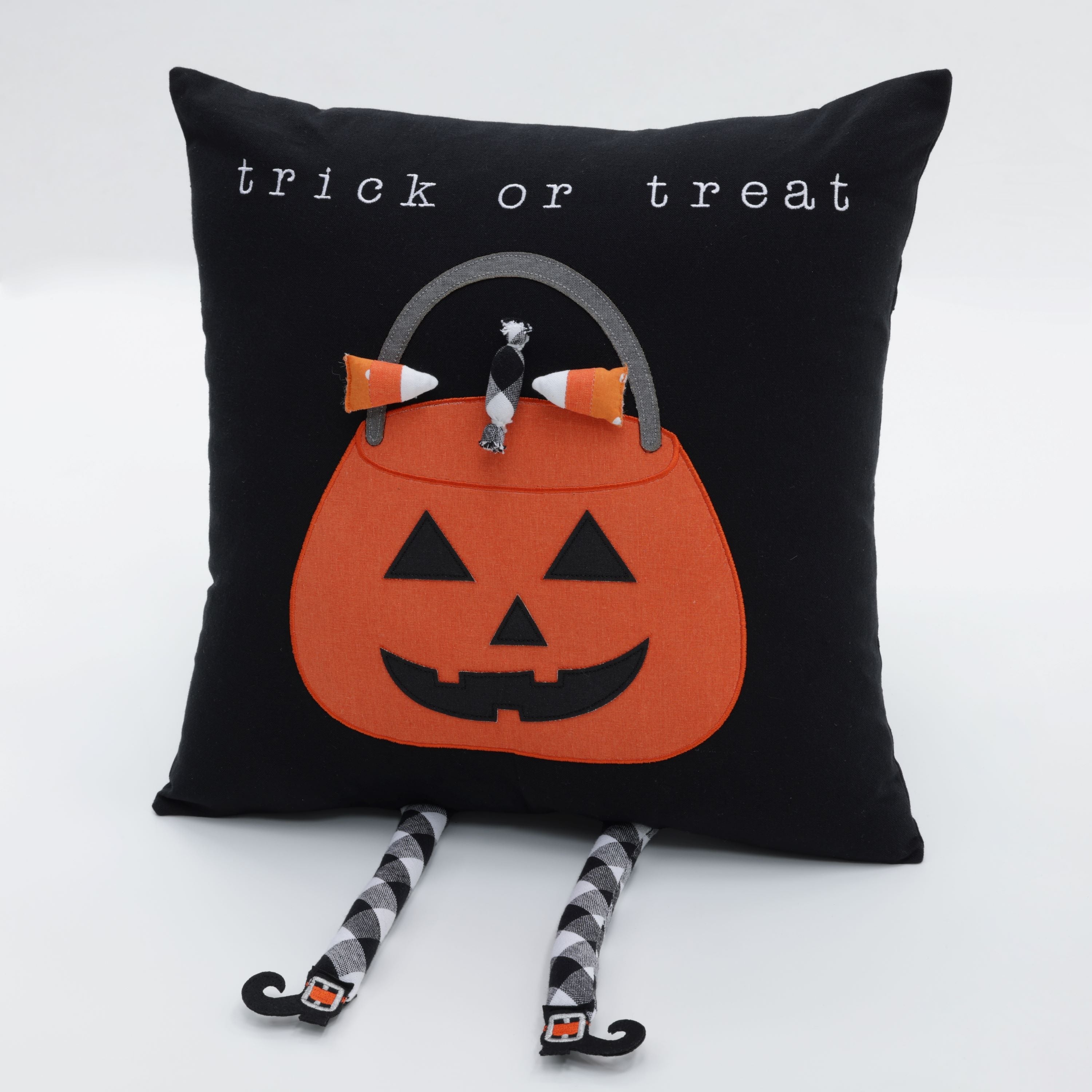 Indoor Decorative Halloween Throw Pillow in Trick or Treat Pumpkin Black, 12"x20", Complete Pillow with Tassels & Zipper Closure.
