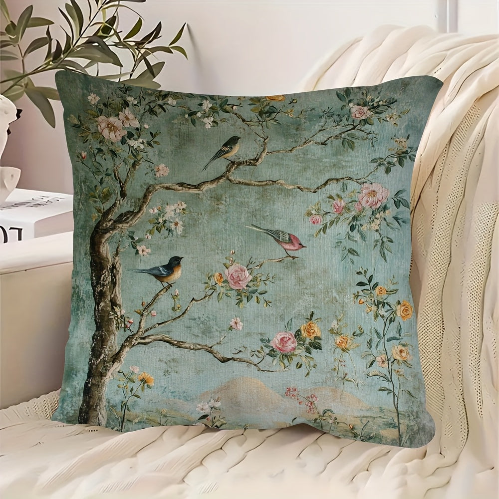 1 Double-Sided Vintage Chinese Floral and Bird Print Pillowcase, 18x18 Inches, Soft Plush Polyester, Night Garden Design with Roses on Branches and Birds, Suitable for Sofa, Couch, Bedroom or Car, Decorative Cushion Cover 2pcs 18*18 Inch