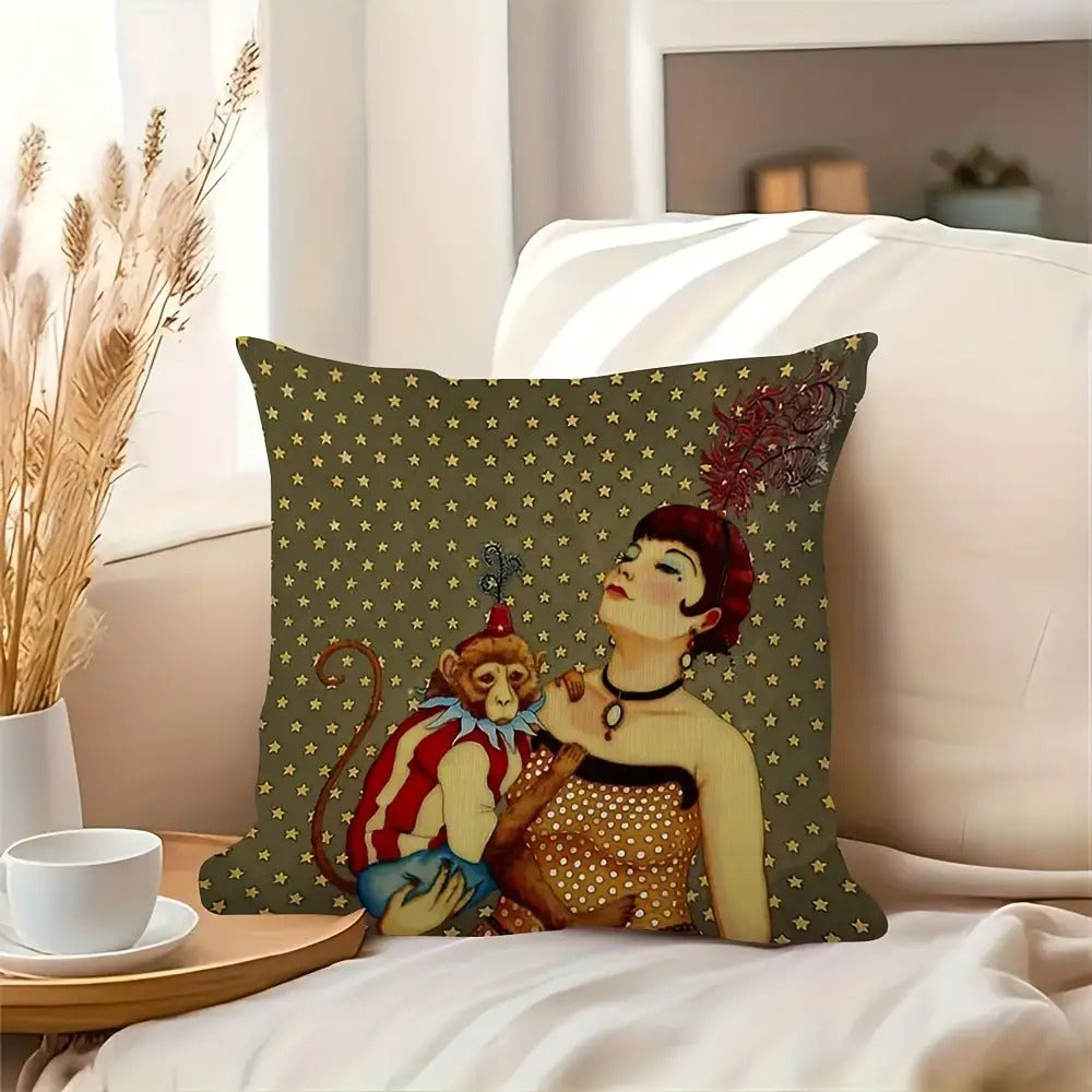 1pc Retro Style Abstract Animal Print Plush Pillowcase, Double-Sided Design, Hand Wash Only, Zipper Closure, Polyester Fiber, Bedroom, Sofa, Living Room, Car Decorative Cushion Cover- 18x18 Inches(No Insert), Decorative Pillow, Elegant Woman & Monkey