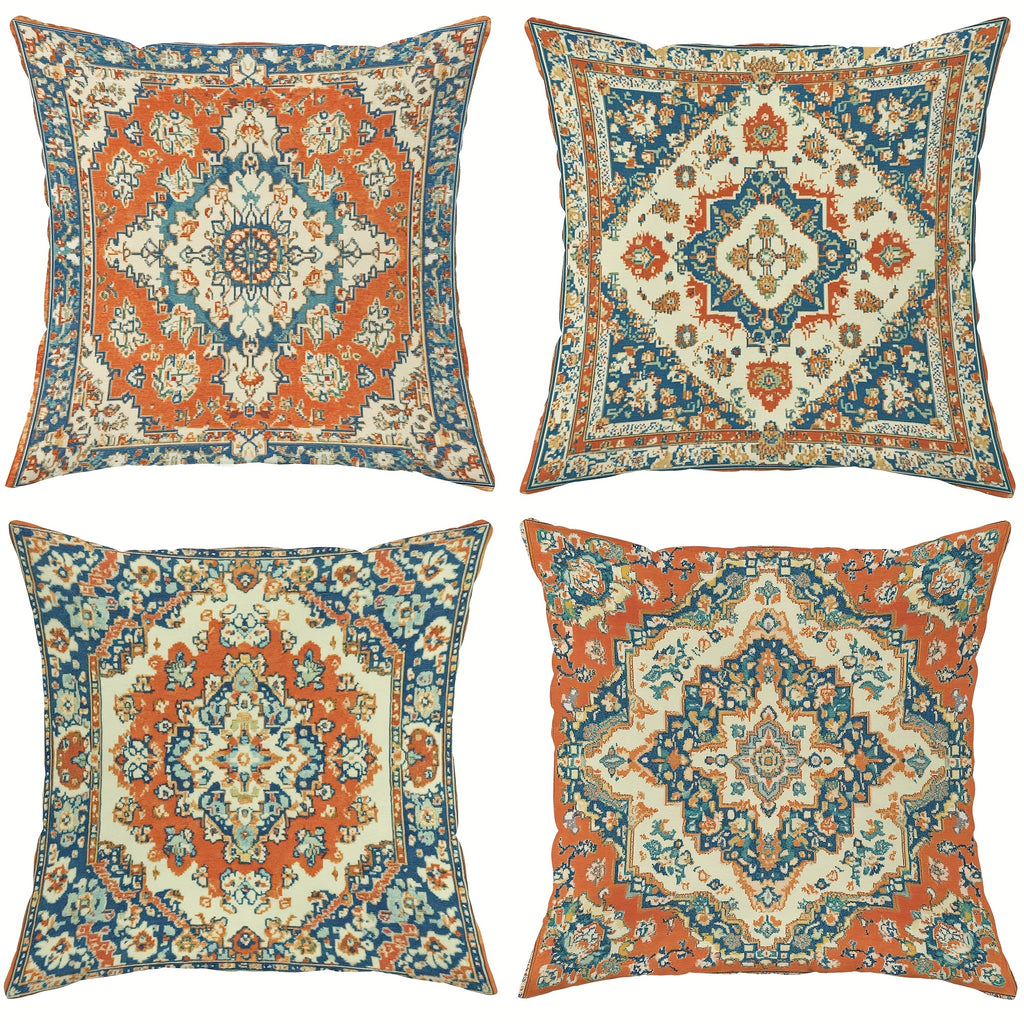 4pcs Polyester Throw Pillow Cover - Retro Ethnic Geometric Pattern Blue Red Orange Soft Decorative Cushion Cover with Zipper Closure for Living Room Bedroom Sofa Decoration Ethnic Style Design - Double-Sided Printing Polyester Without Pillow Core