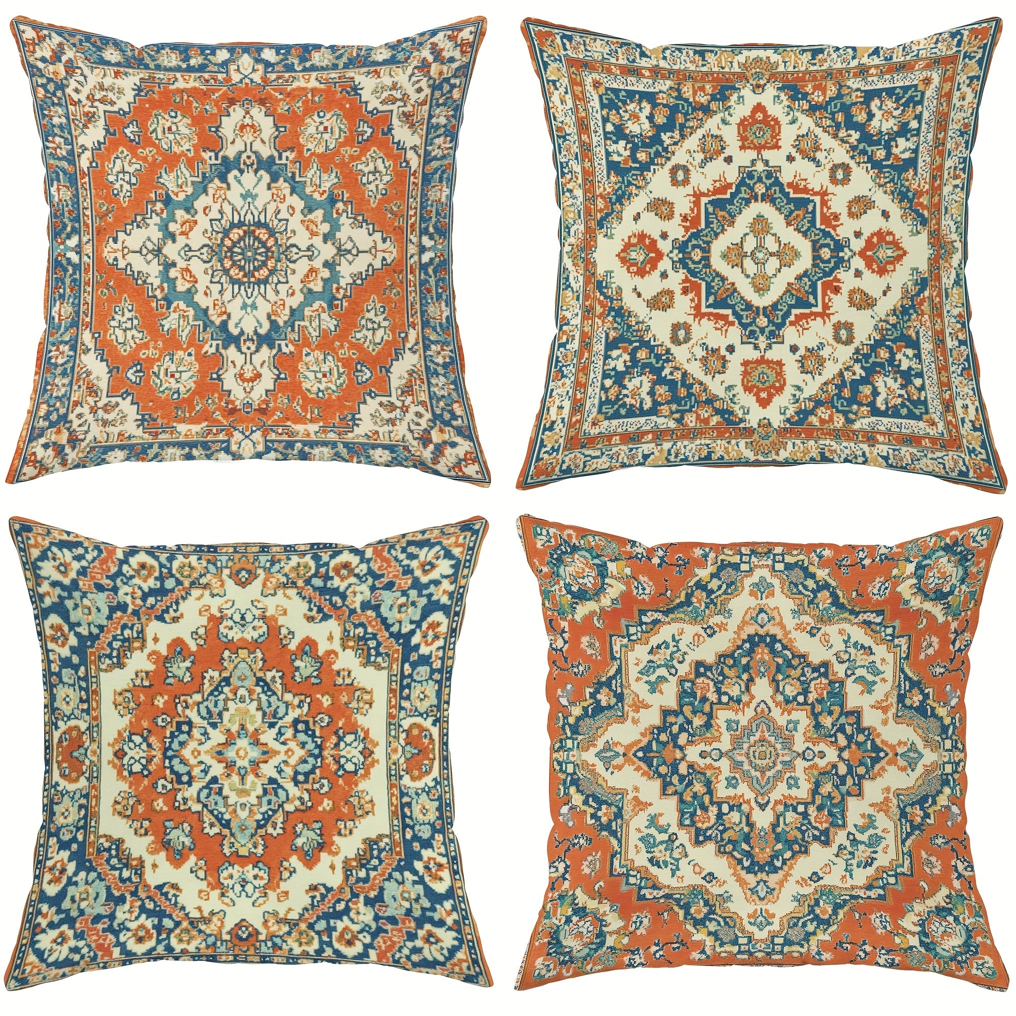 4pcs Polyester Throw Pillow Cover - Retro Ethnic Geometric Pattern Blue Red Orange Soft Decorative Cushion Cover with Zipper Closure for Living Room Bedroom Sofa Decoration Ethnic Style Design - Double-Sided Printing Polyester Without Pillow Core