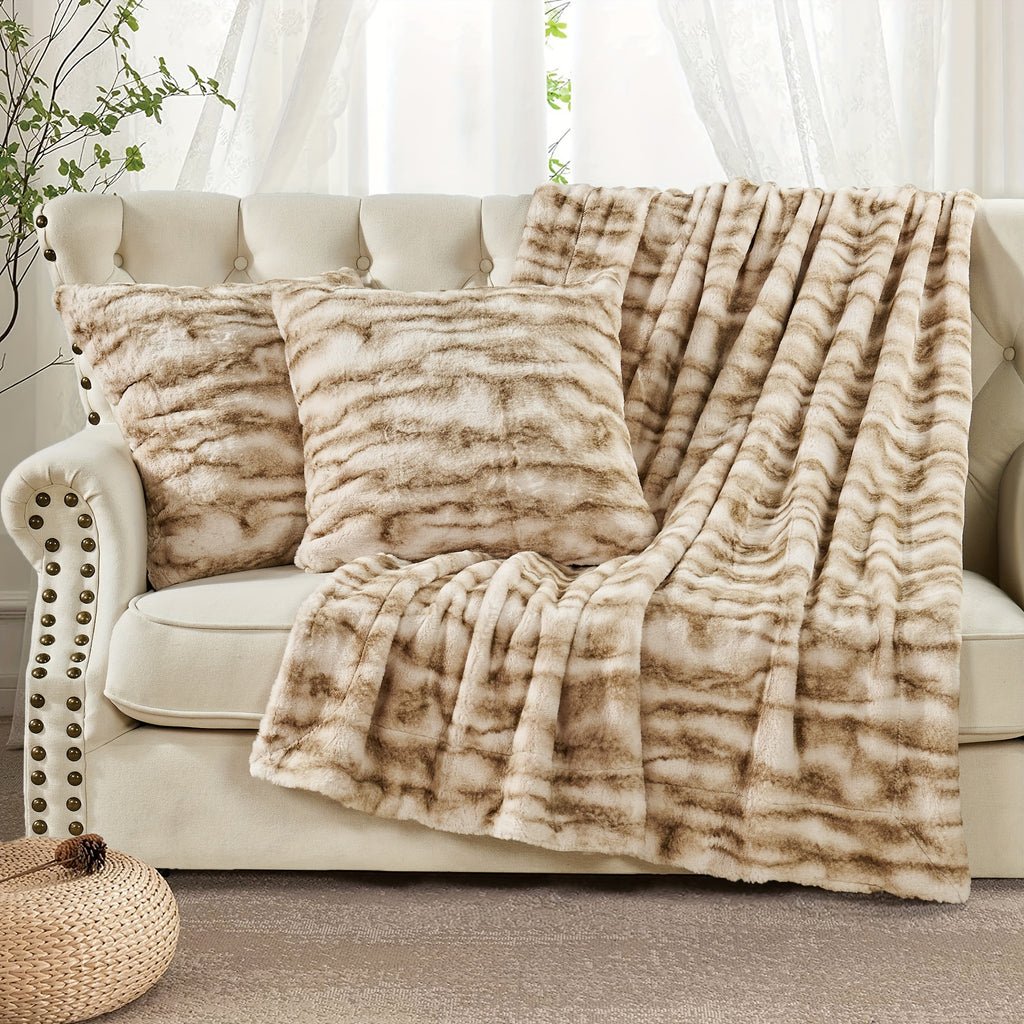 3pcs Throw Combo, 2 Pillow Cover & 1Throw Blanket Combo with Velvet Backing, All-Season Comfort, Plush Fuzzy Soft Warm for Couch Chair Bed Sofa Bedroom Living Room Office Travel Camping
