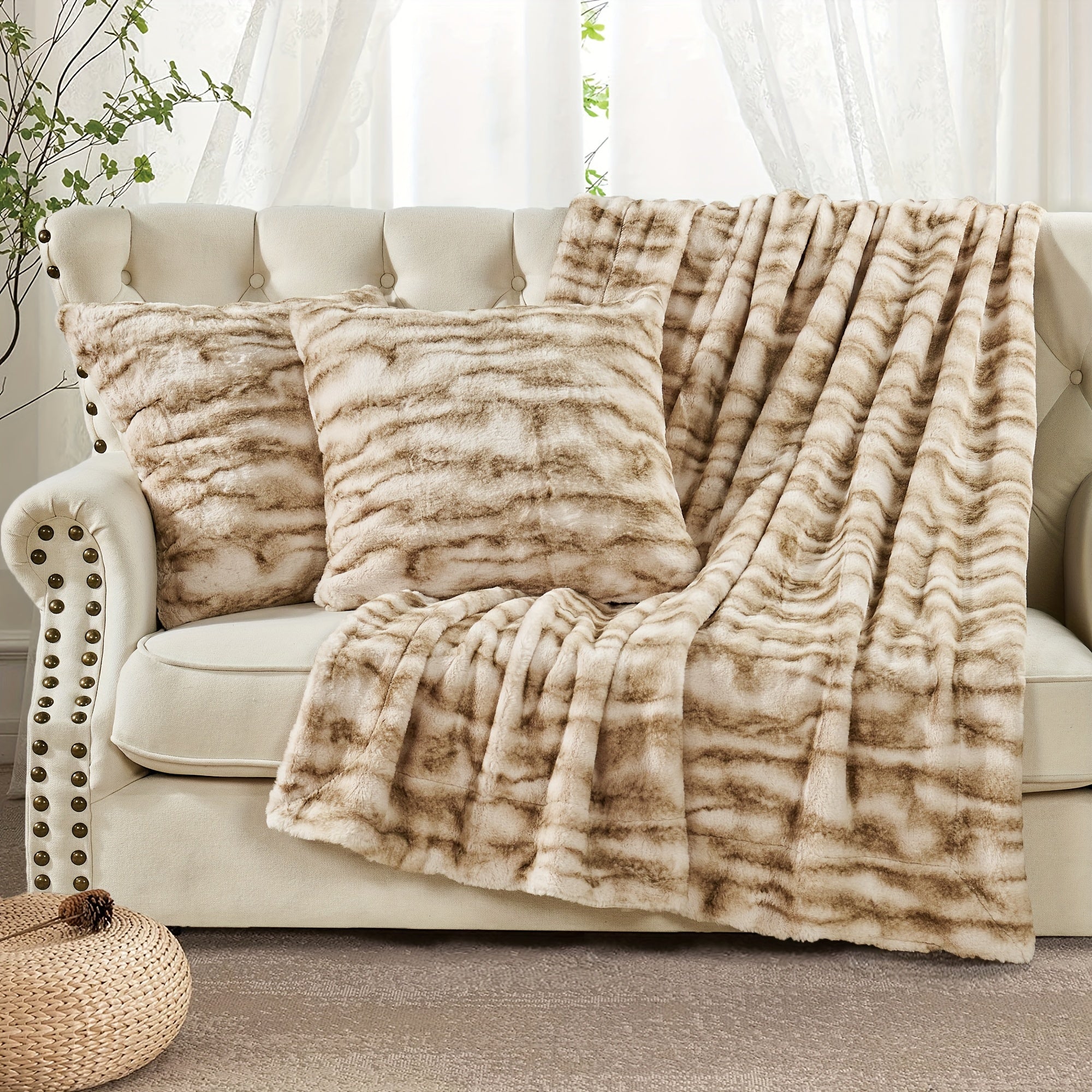 3pcs Throw Combo, 2 Pillow Cover & 1Throw Blanket Combo with Velvet Backing, All-Season Comfort, Plush Fuzzy Soft Warm for Couch Chair Bed Sofa Bedroom Living Room Office Travel Camping