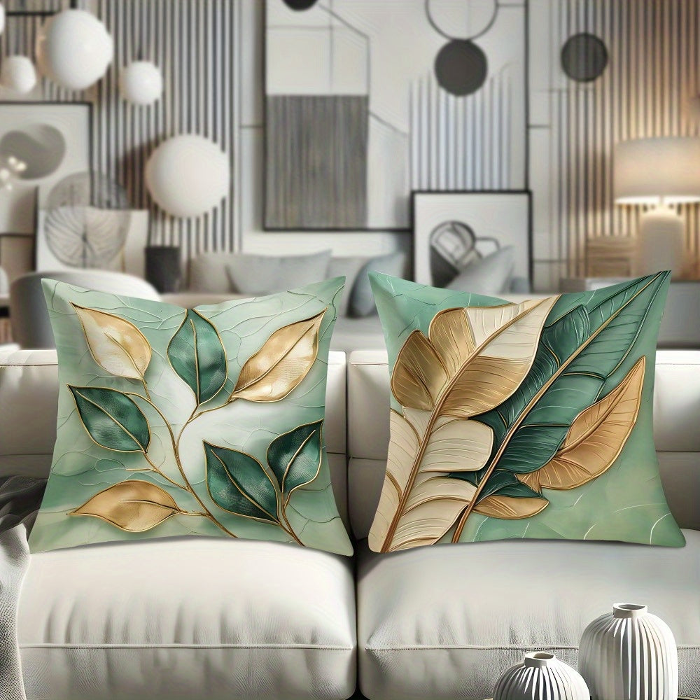 4pcs of modern sage green and Golden leaf pattern design printed zipper pillowcase-double-sided polyester printed pattern zipper closed home decoration living room, bedroom and sofa home decoration (not included in the pillow)