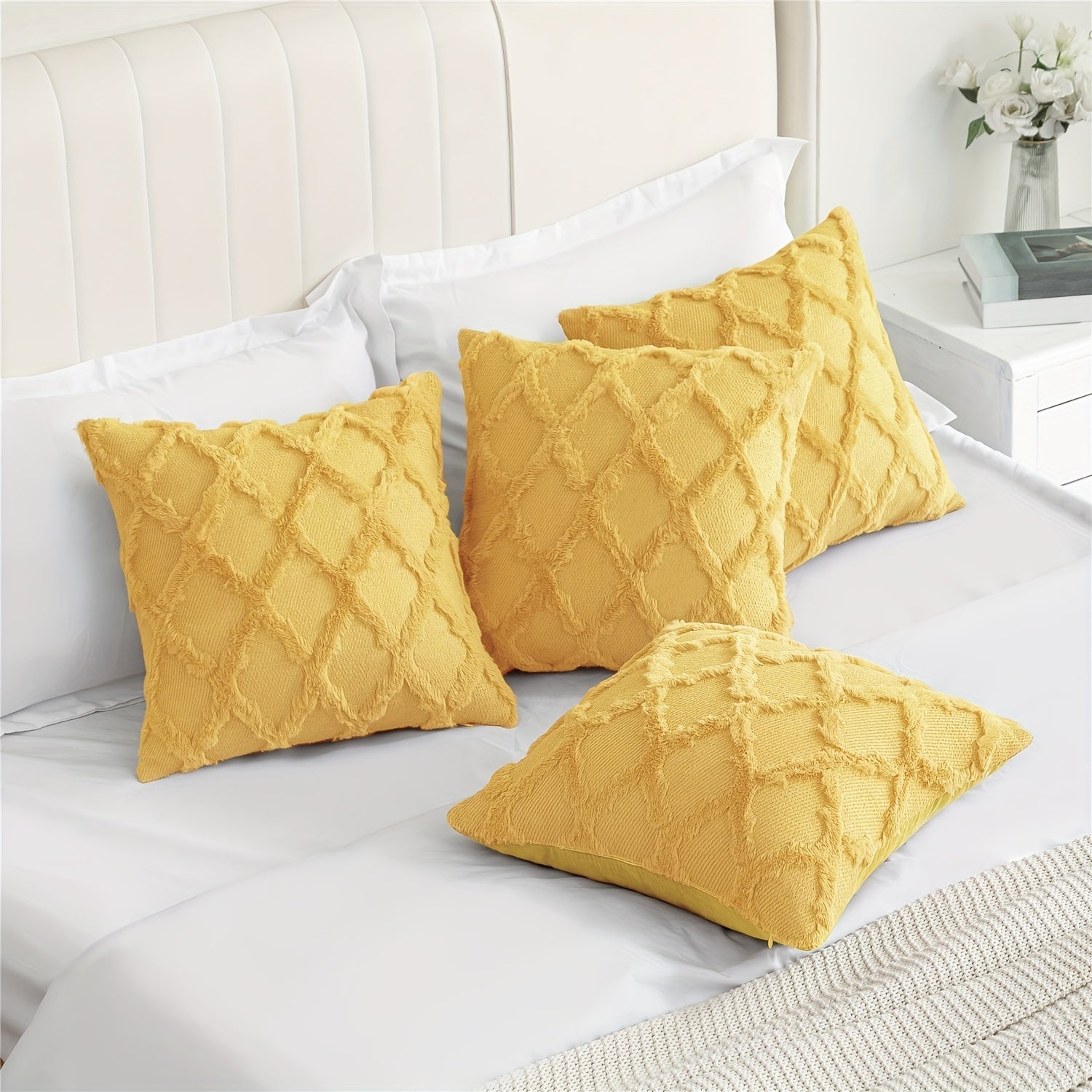 4-Pack Bohemian Style Throw Pillow Covers, 18x18 Inch, Shaggy Plush Faux Wool, 3D Embroidery Geometric Pattern, Suede Decorative Cushion Covers with Zipper, Machine Washable, Polyester, for Multiple Room Couch Sofa Living Room Decor