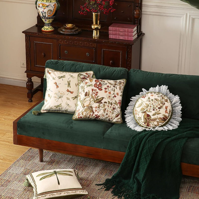 Design Round Vintage Cottage Throw Pillow Covers Diameter 16" Set of 2 Green Soft Velvet Cushion Cover with White Wild Floral Pattern Decor Pillowcases for Bed Living Room Outdoor Car