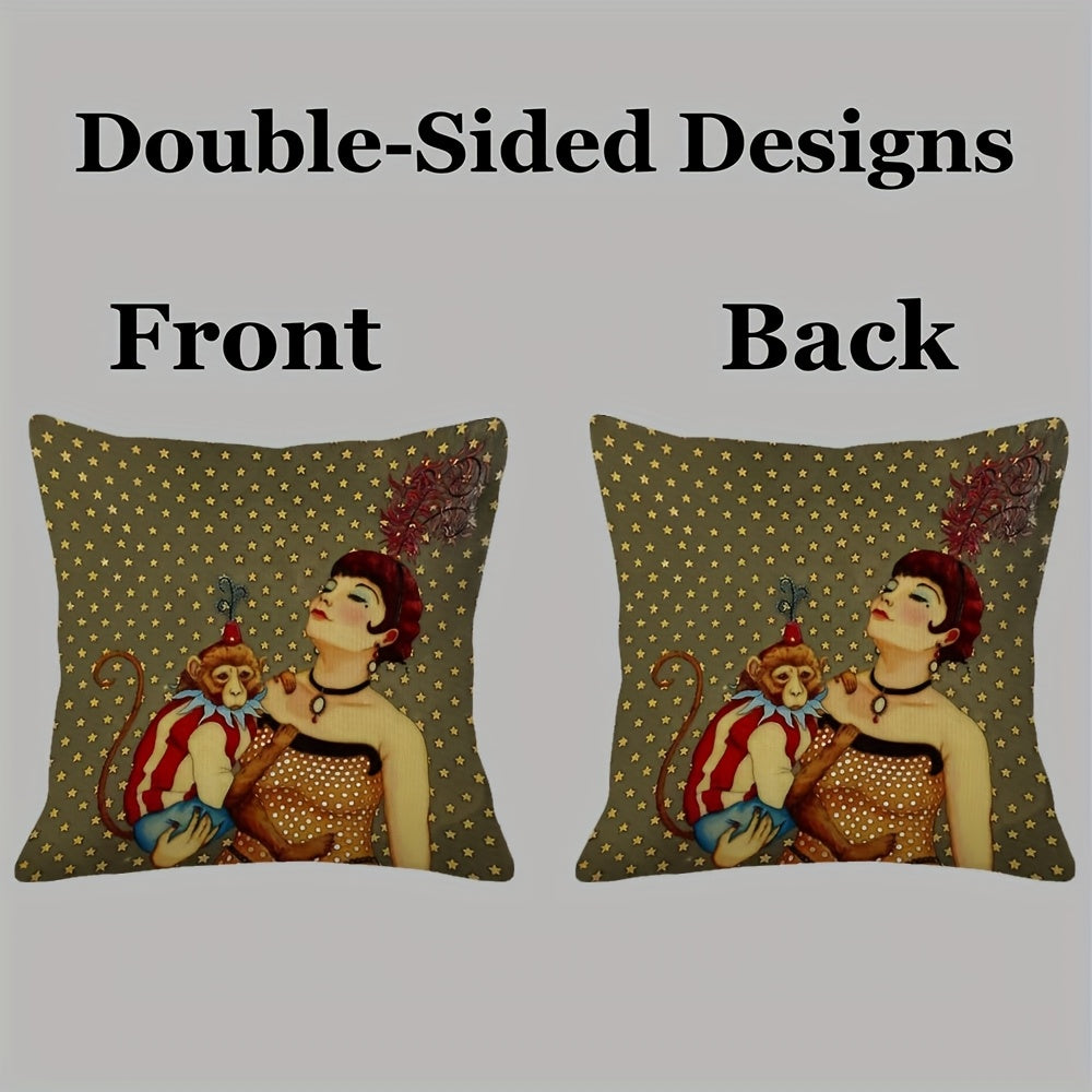 1pc Retro Style Abstract Animal Print Plush Pillowcase, Double-Sided Design, Hand Wash Only, Zipper Closure, Polyester Fiber, Bedroom, Sofa, Living Room, Car Decorative Cushion Cover- 18x18 Inches(No Insert), Decorative Pillow, Elegant Woman & Monkey