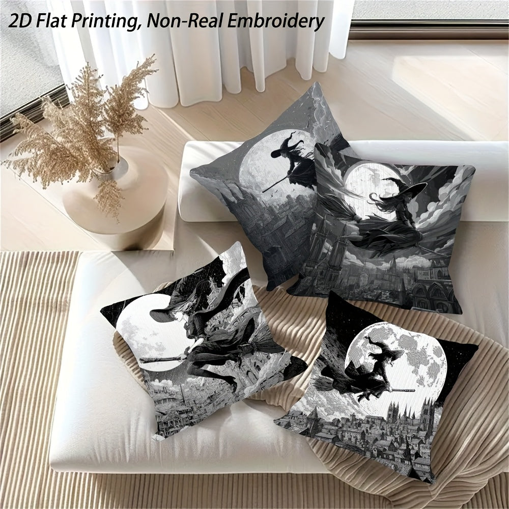 2D Flat Printing, 4pcs Witch And Castle Throw Pillow Covers - Autumn Decorative Accent Cushion Covers for Office, Car, Non-Real Embroidery - Double-Sided Luxurious Sofa Bed Living Room Bedroom Decoration, Without Pillow Inserts YH-LCX67965-67968, for