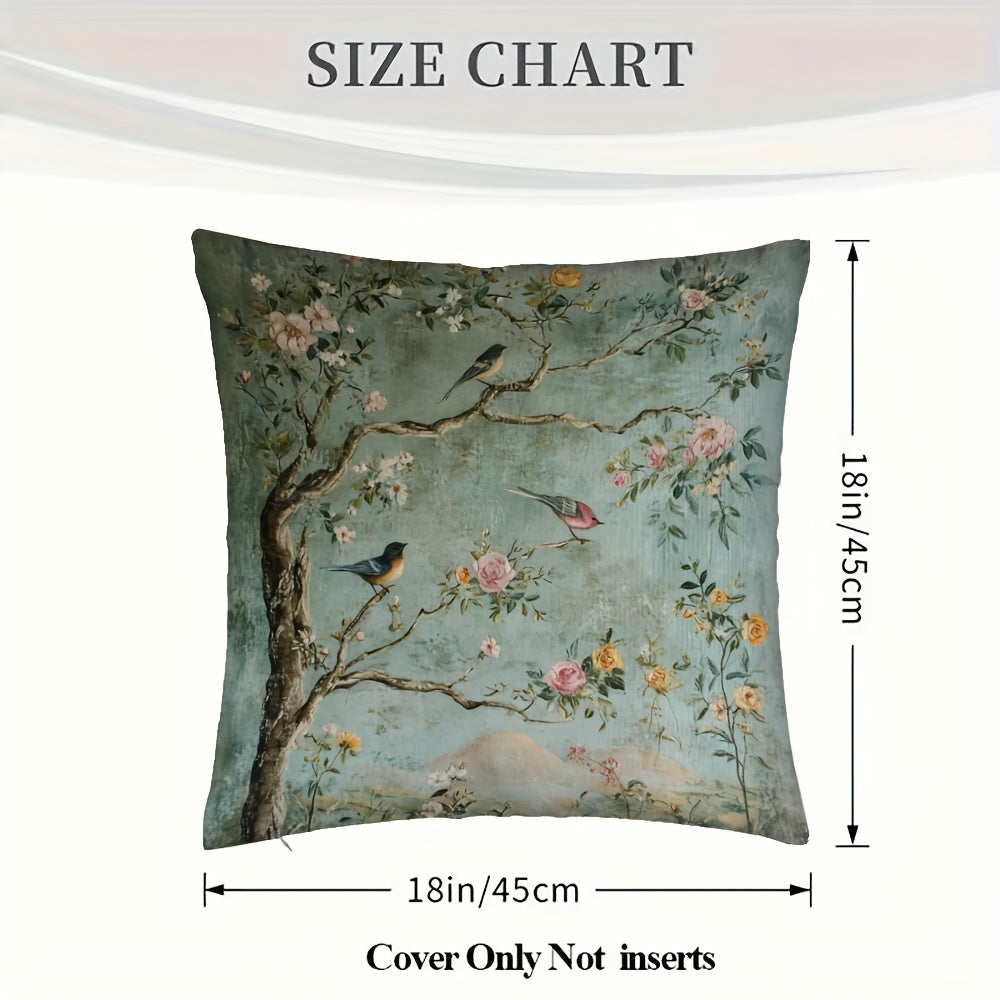 1 Double-Sided Vintage Chinese Floral and Bird Print Pillowcase, 18x18 Inches, Soft Plush Polyester, Night Garden Design with Roses on Branches and Birds, Suitable for Sofa, Couch, Bedroom or Car, Decorative Cushion Cover 2pcs 18*18 Inch