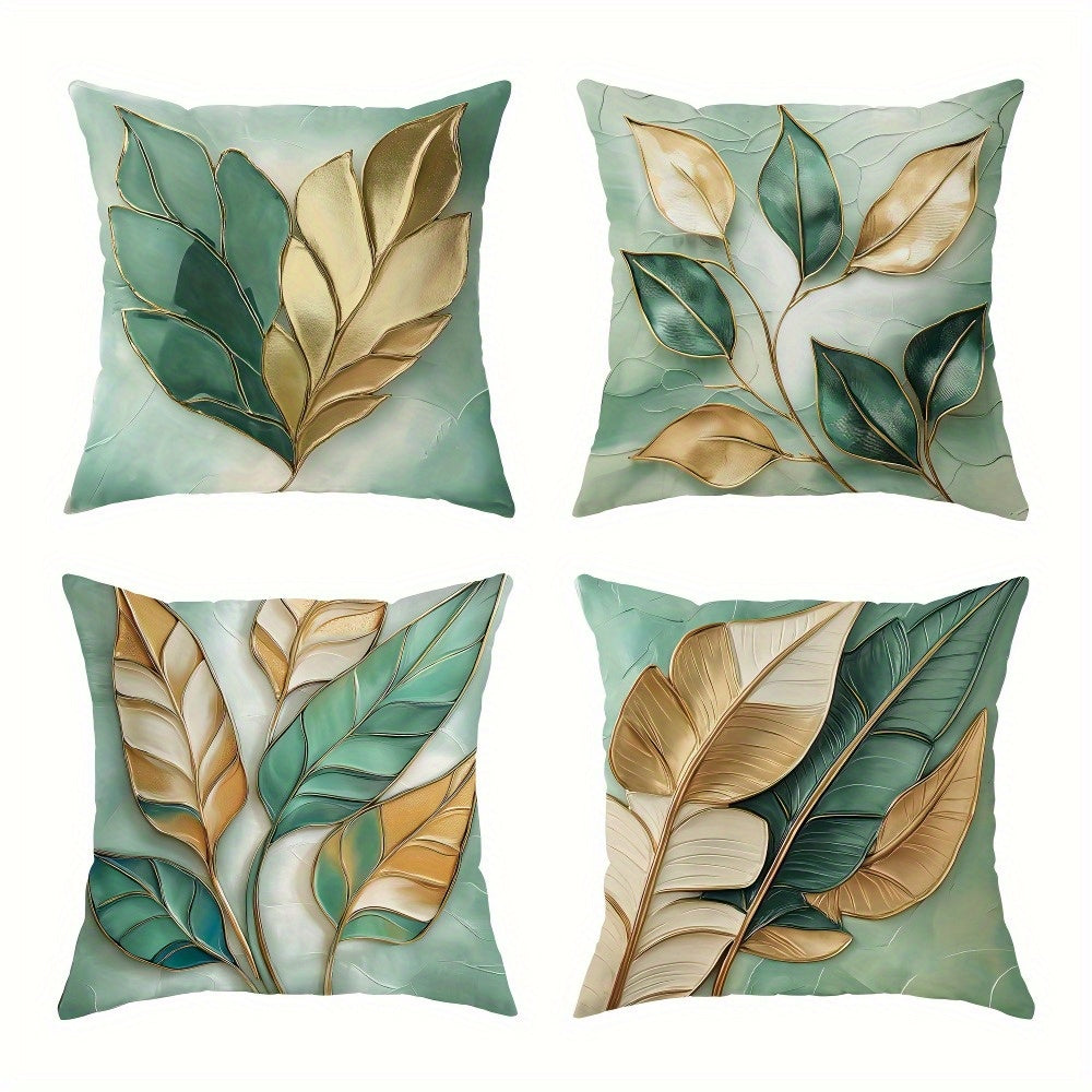 4pcs Modern Sage Green & Golden Leaf Print Pillow Covers - Double-Sided Polyester Zipper Closure Decorative Pillowcases for Living Room, Bedroom, Sofa - Machine Washable Contemporary Home Decor, Pillow Covers for Living Room, Bedroom Accents, Stylish
