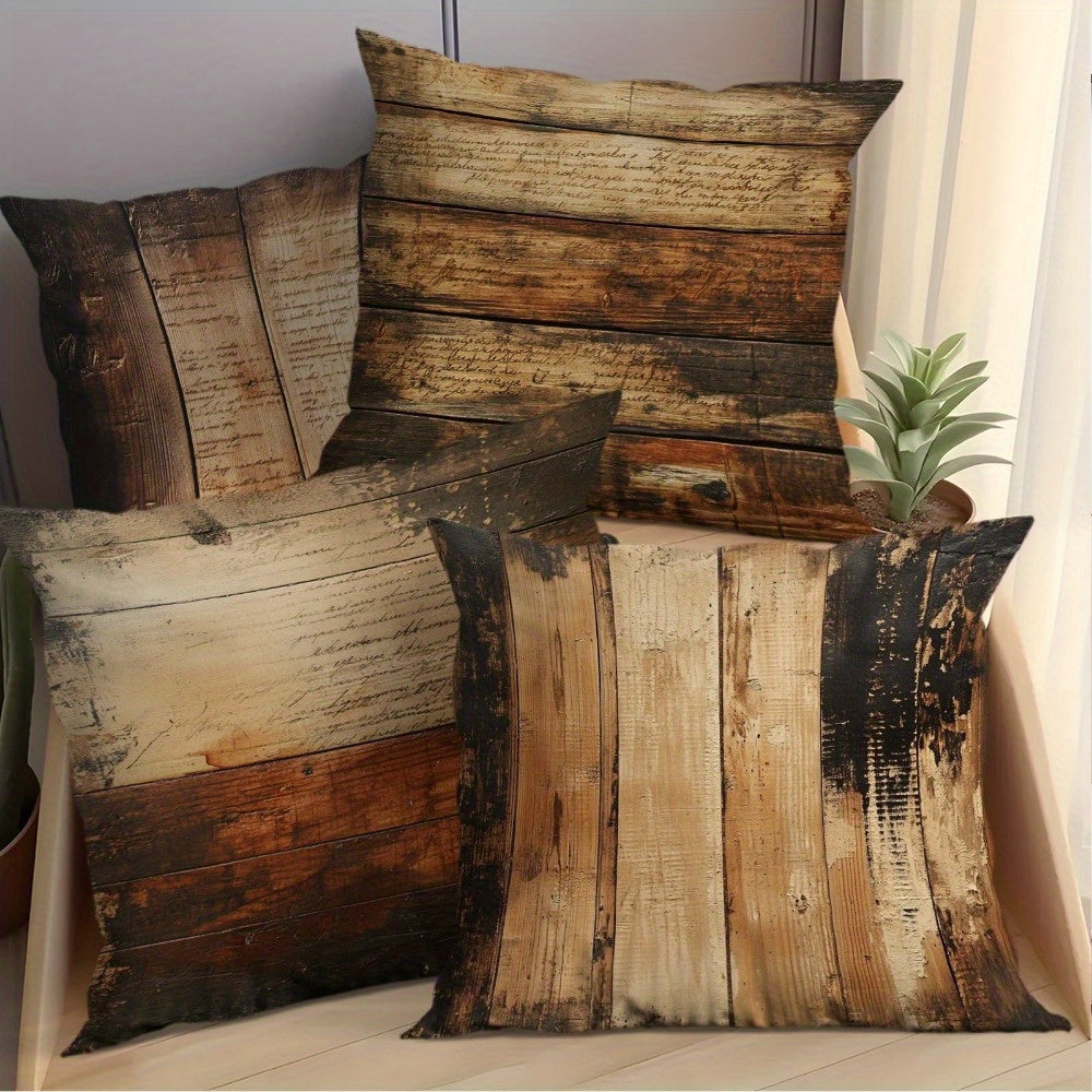 4-Pack Coastal Style Wood Grain Pillow Covers - Double-Sided Rustic Decorative Pillowcases with Zipper Closure, Durable All-Season Machine Washable for Indoor Outdoor Christmas Thanksgiving Bed Sofa Car Decor, Pillow Covers for Living Room, Festive Home