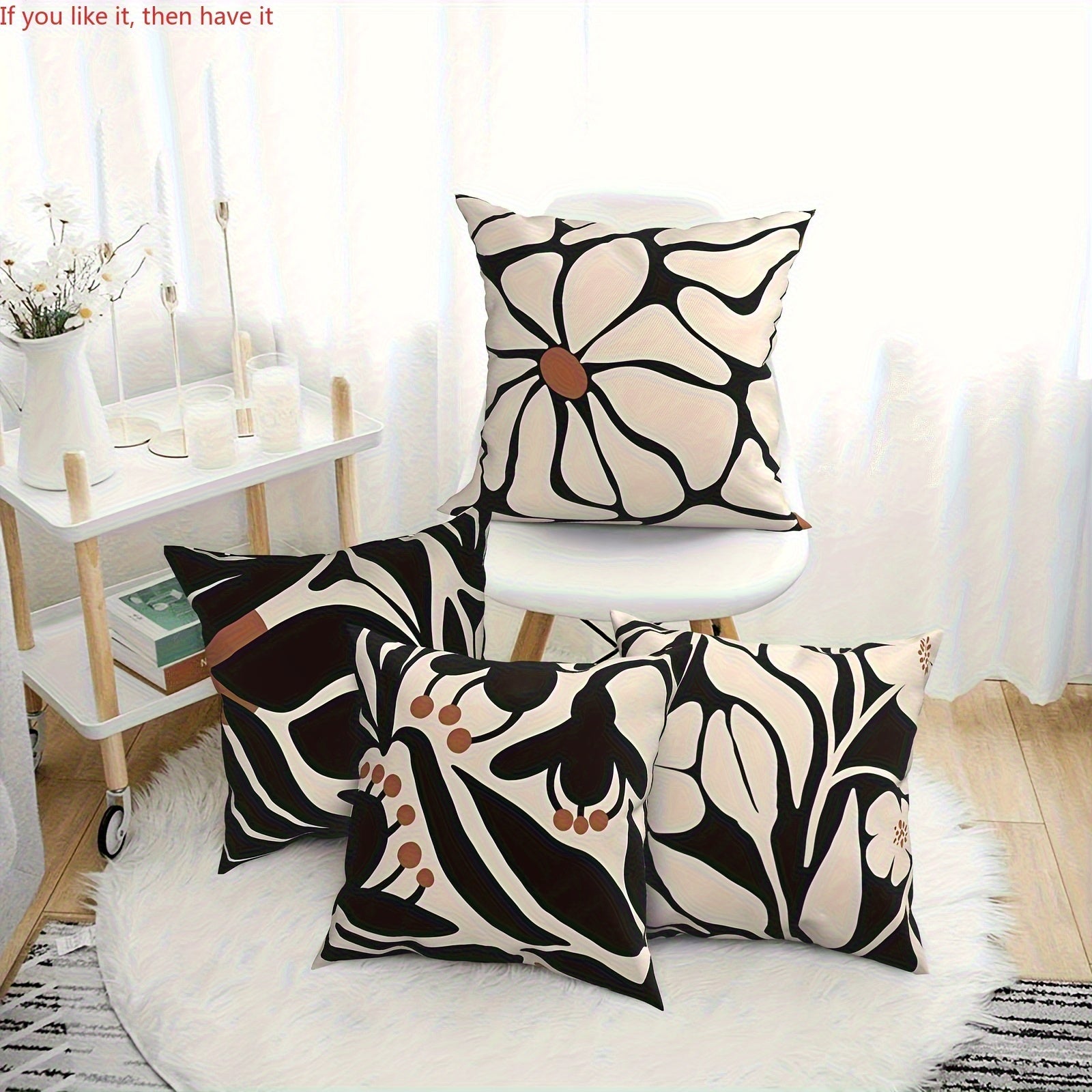 4pcs Bohemian Style Black Floral Pattern Pillowcases - Polyester Blend, Zipper, Machine Washable - Suitable for Sofa, Bed, Car Decoration - Modern Cottage Style Halloween, Thanksgiving, Mother'S Day, Father'S Day, Independence Day, Holiday Essentials
