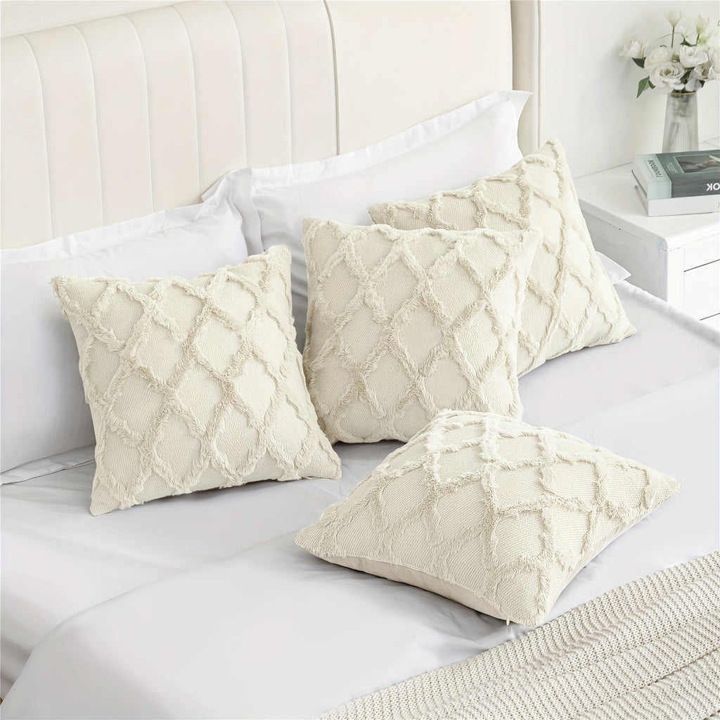 4-Pack Bohemian Style Throw Pillow Covers, 18x18 Inch, Shaggy Plush Faux Wool, 3D Embroidery Geometric Pattern, Suede Decorative Cushion Covers with Zipper, Machine Washable, Polyester, for Multiple Room Couch Sofa Living Room Decor