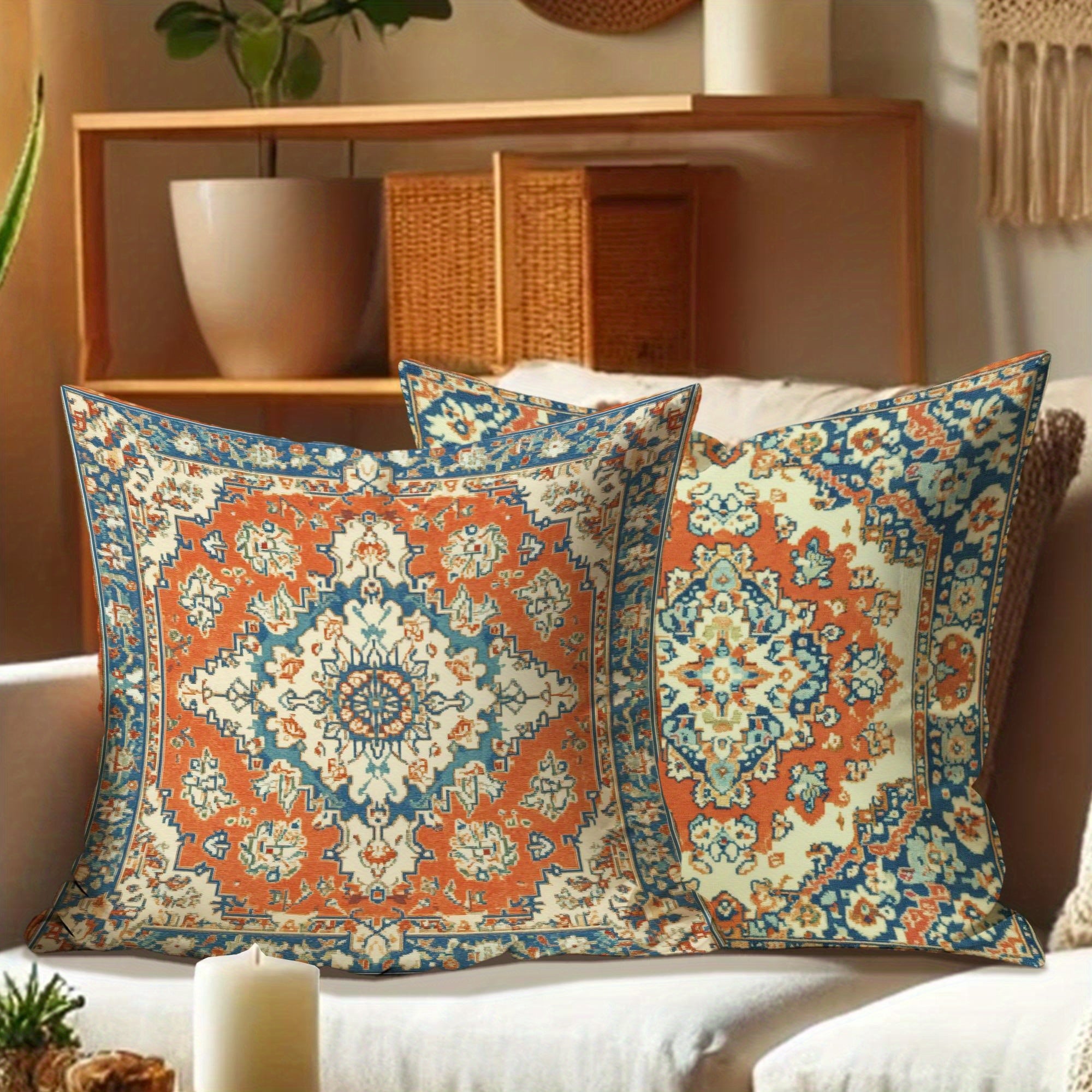 4pcs Polyester Throw Pillow Cover - Retro Ethnic Geometric Pattern Blue Red Orange Soft Decorative Cushion Cover with Zipper Closure for Living Room Bedroom Sofa Decoration Ethnic Style Design - Double-Sided Printing Polyester Without Pillow Core