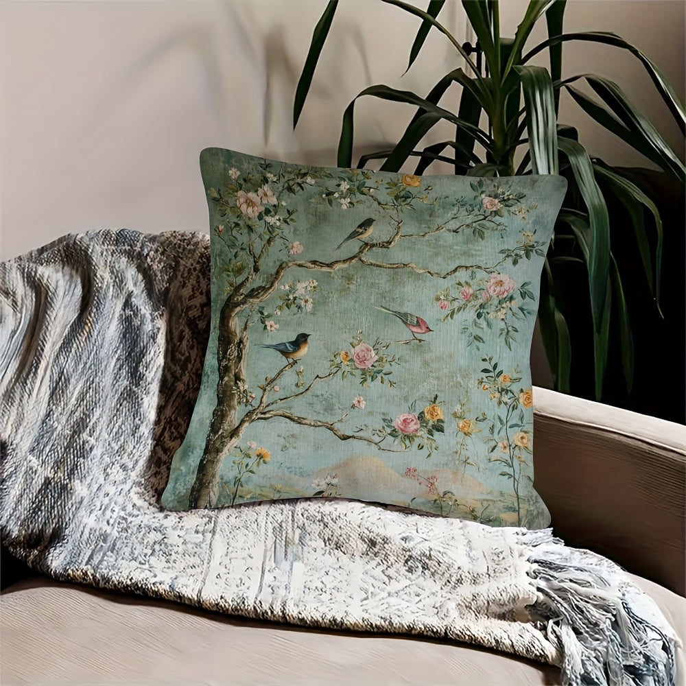 1 Double-Sided Vintage Chinese Floral and Bird Print Pillowcase, 18x18 Inches, Soft Plush Polyester, Night Garden Design with Roses on Branches and Birds, Suitable for Sofa, Couch, Bedroom or Car, Decorative Cushion Cover 2pcs 18*18 Inch