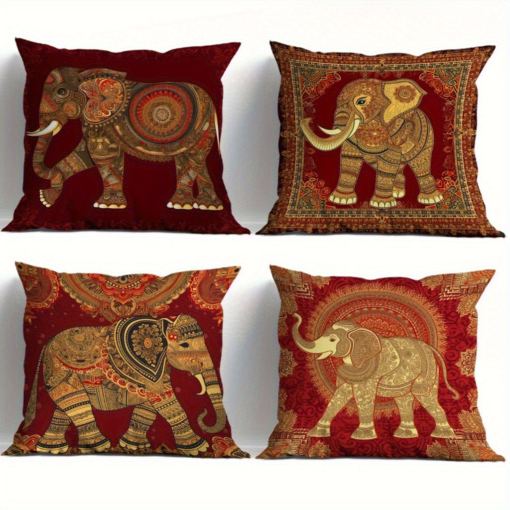 4pcs Indian Floral Elephant Pattern Pillowcase Soft Fashion Decorative Outdoor Living Room Sofa Cushion Cover Suitable for Bedroom Home Party Decoration Without Filling Machine Washable 14x14 16x16 18x18 20x20inch