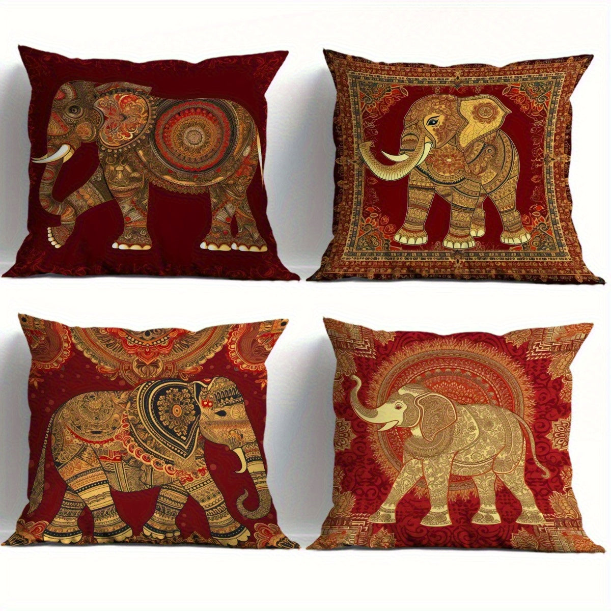 4pcs Indian Floral Elephant Pattern Pillowcase Soft Fashion Decorative Outdoor Living Room Sofa Cushion Cover Suitable for Bedroom Home Party Decoration Without Filling Machine Washable 14x14 16x16 18x18 20x20inch